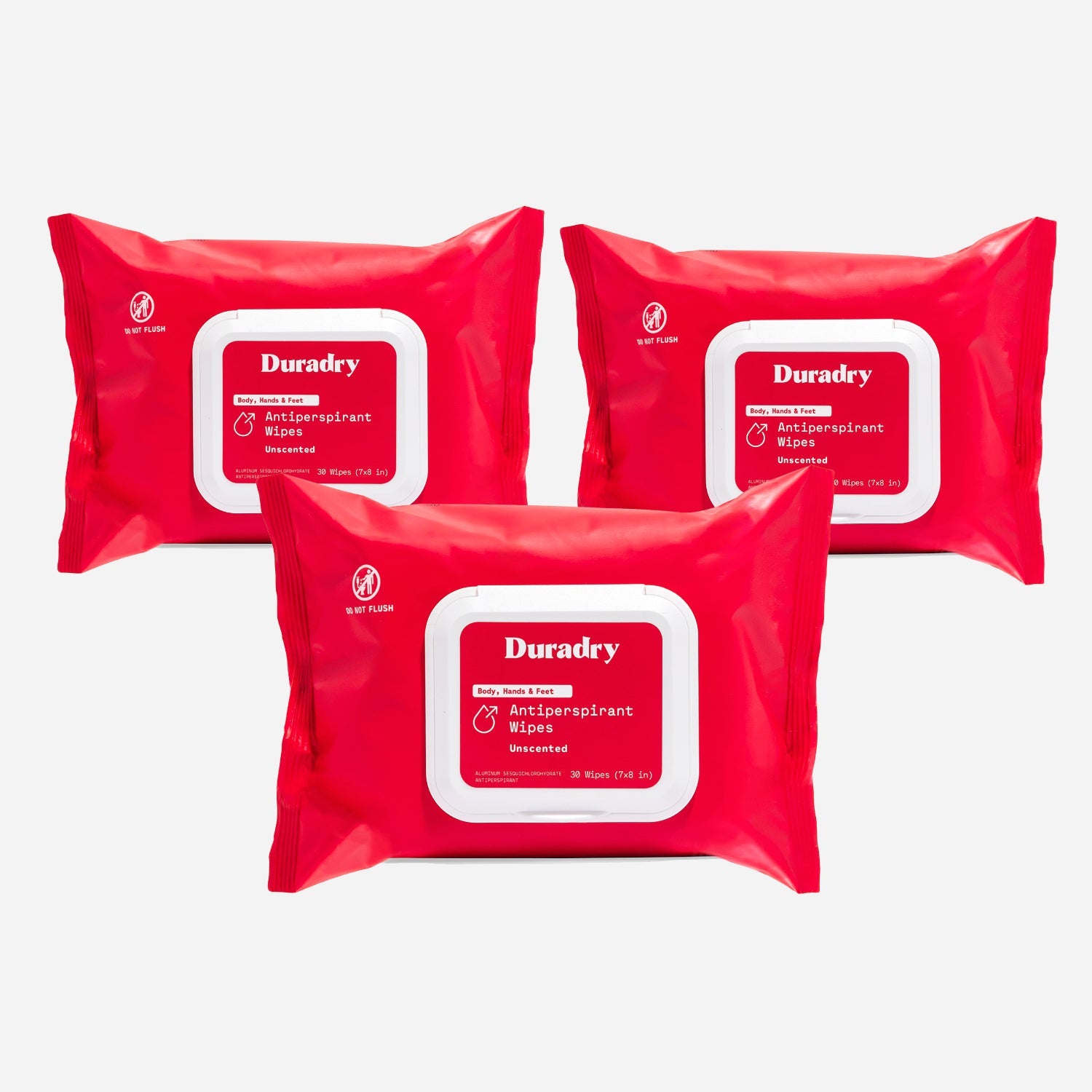 Three packs of Duradry antiperspirant wipes on a white background