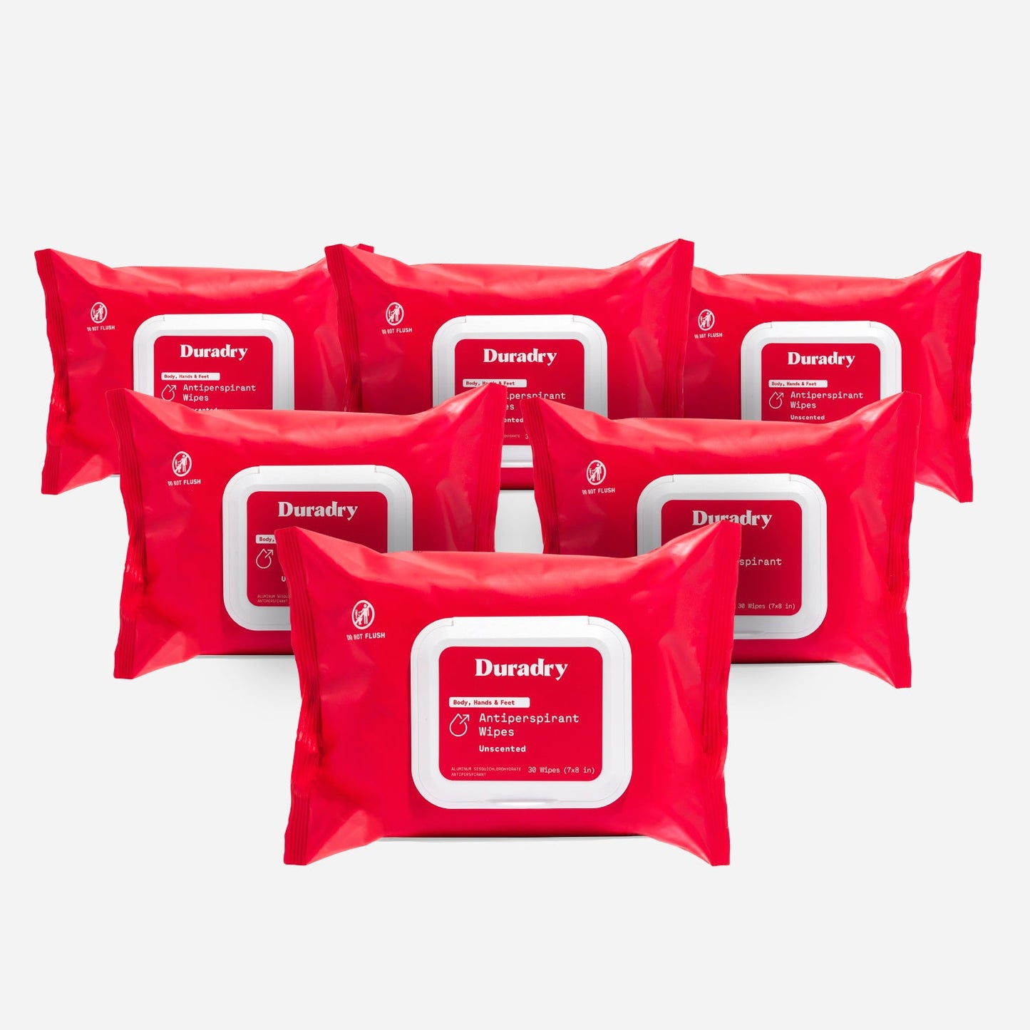 Red packages of Duradry wipes on a white background