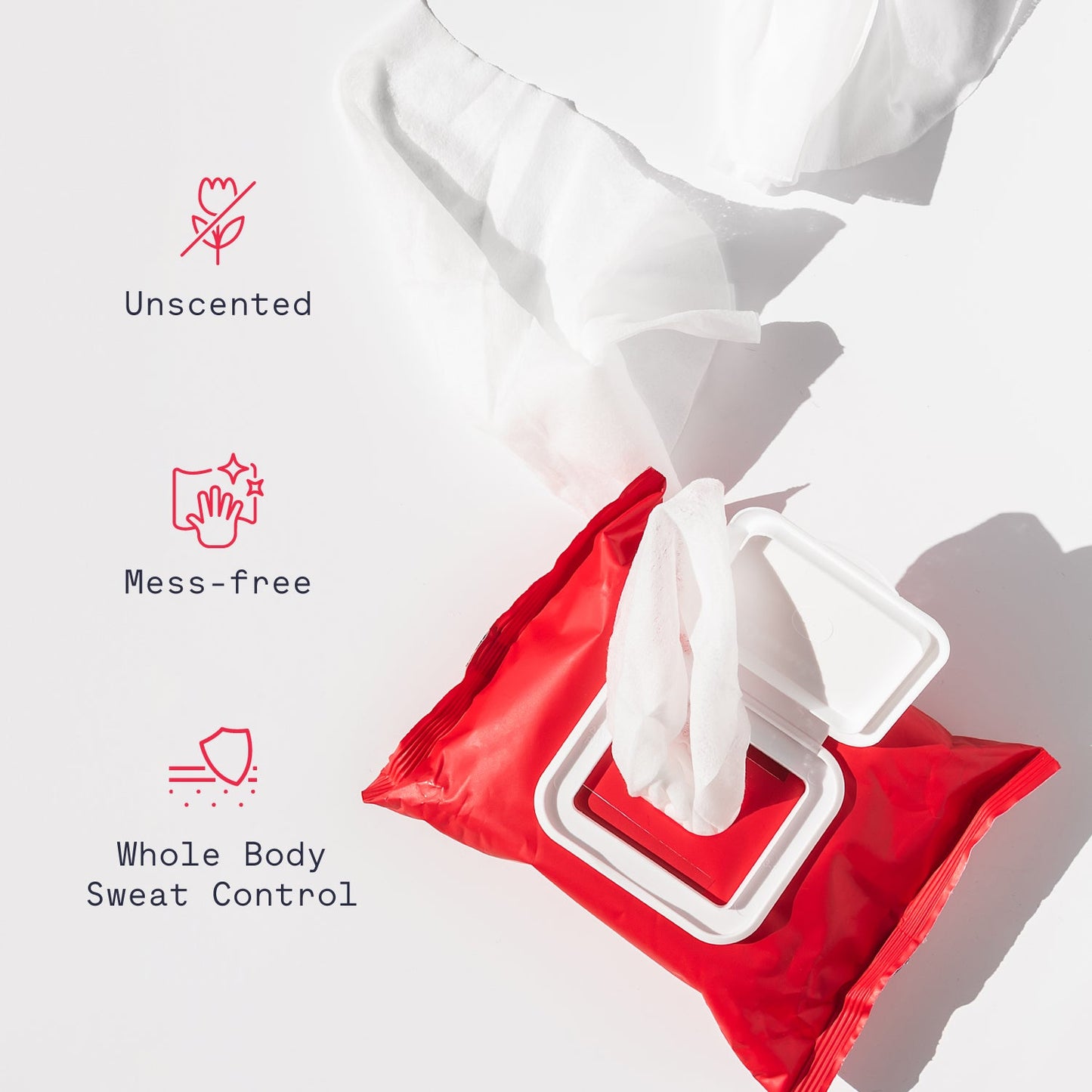 Red packet of wipes with white packaging on a light gray background, featuring icons and text about product features.