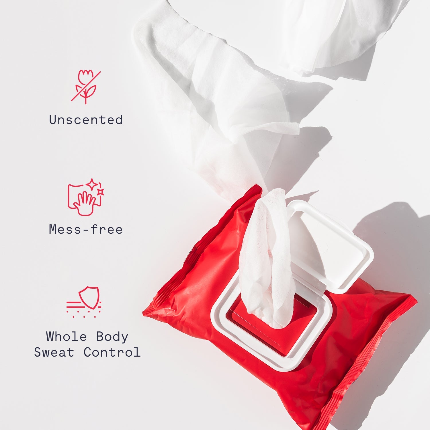 Red packet of wipes with white packaging on a light gray background, featuring icons and text about product features.
