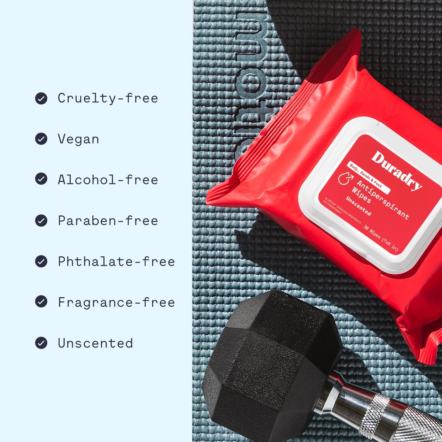 Red package of Durac dry antiperspirant wipes on a textured surface with product features listed.
