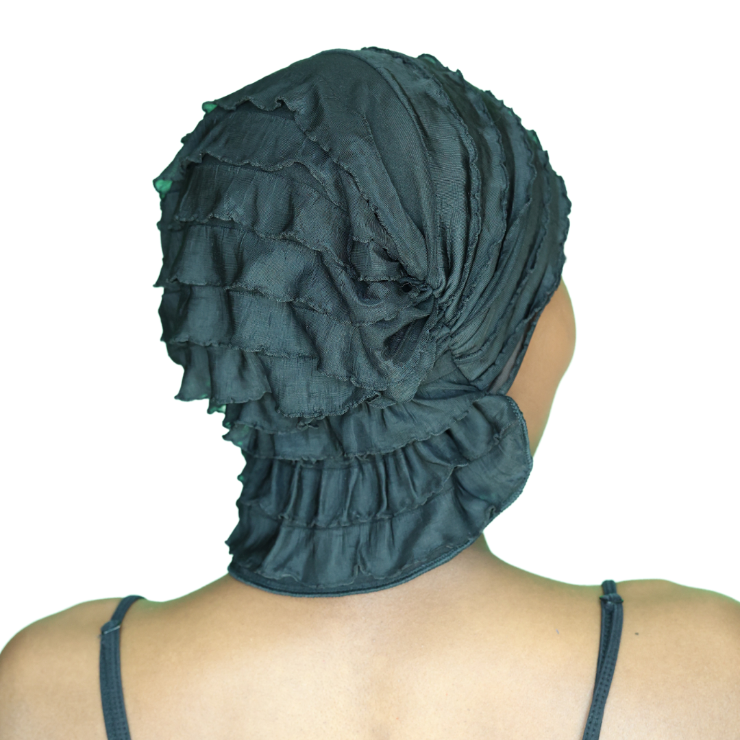 Dark teal chemo beanie with tiered ruffles and gathered side