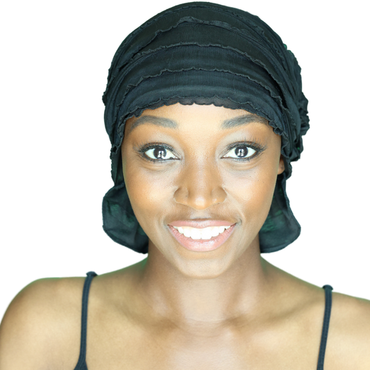 Dark teal ruffled chemo beanie with layered fabric bands