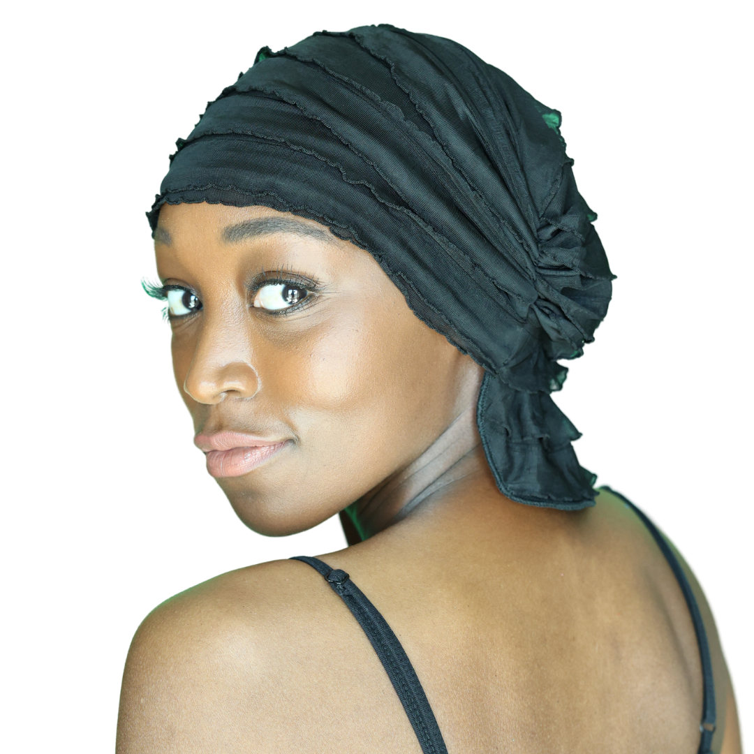 Dark teal chemo beanie with side knot detail and layered ruffles