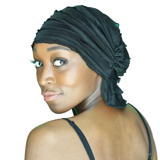 Dark teal chemo beanie with side knot detail and layered ruffles