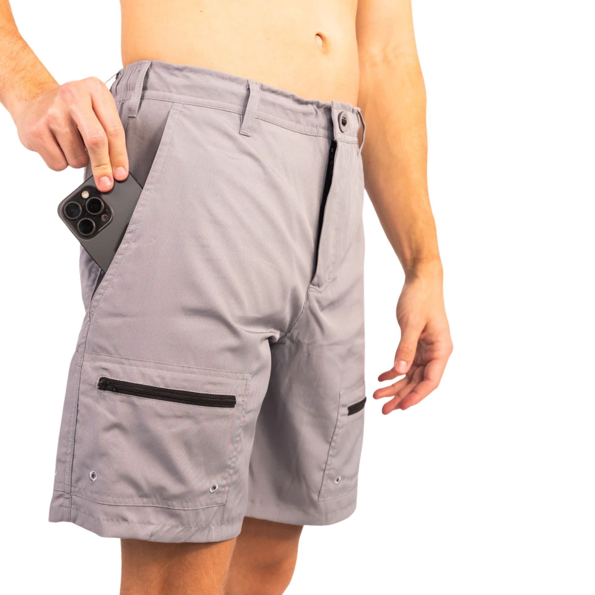 Light gray waterproof shorts with zip pocket and drawstring waistband, side view