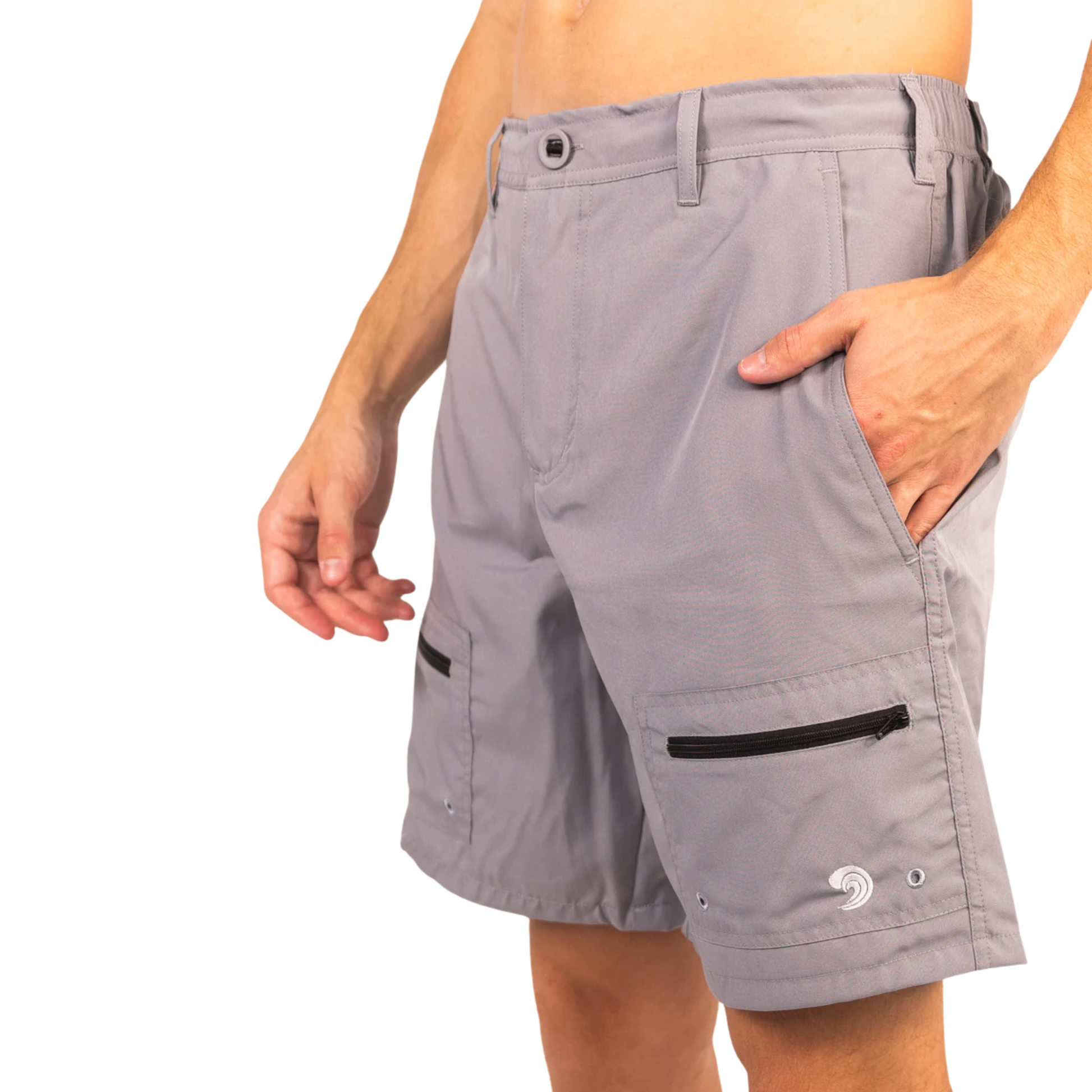 Light gray waterproof shorts showing zip side pocket detail and belt loop