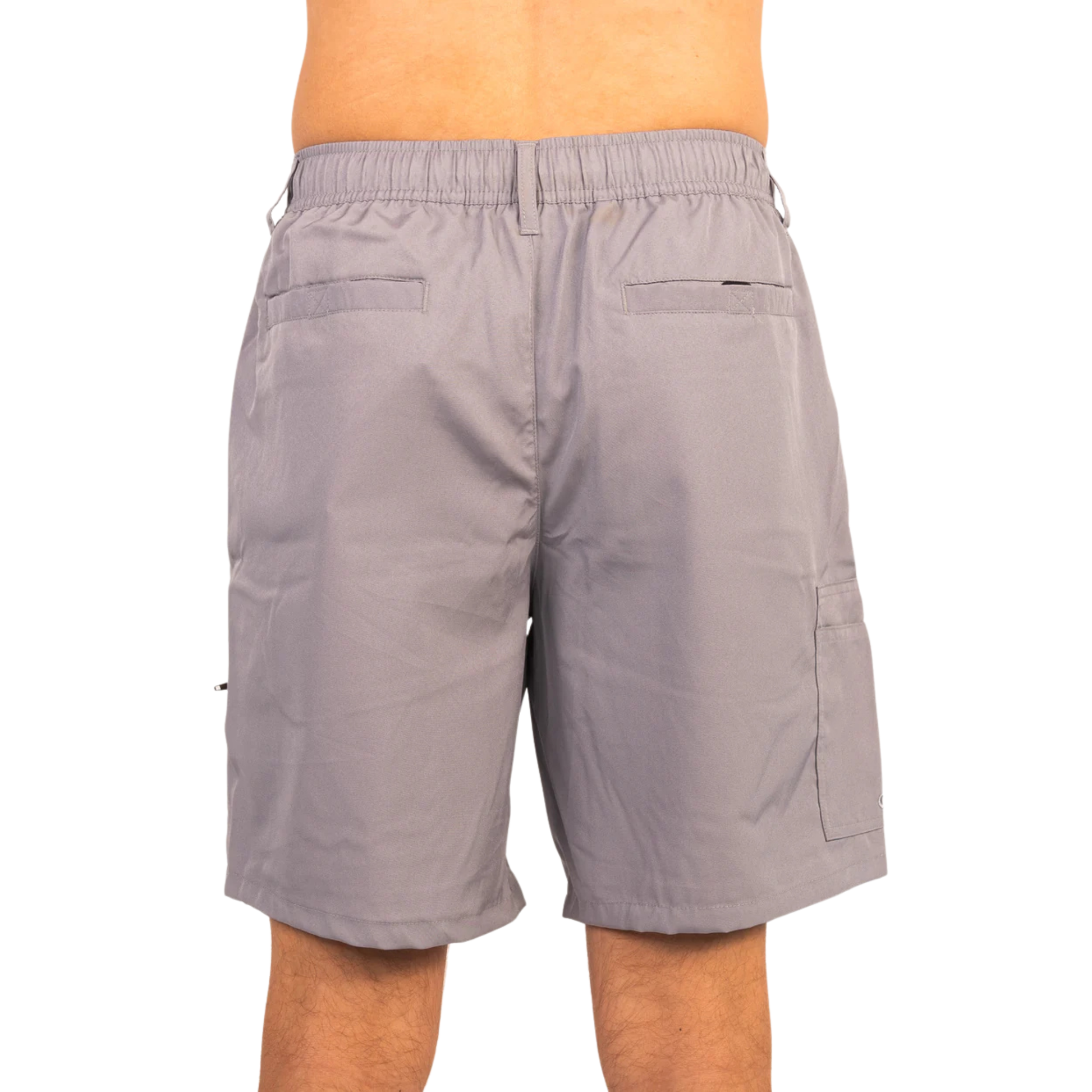 Light gray waterproof shorts back view with elastic waistband and rectangular cargo pocket