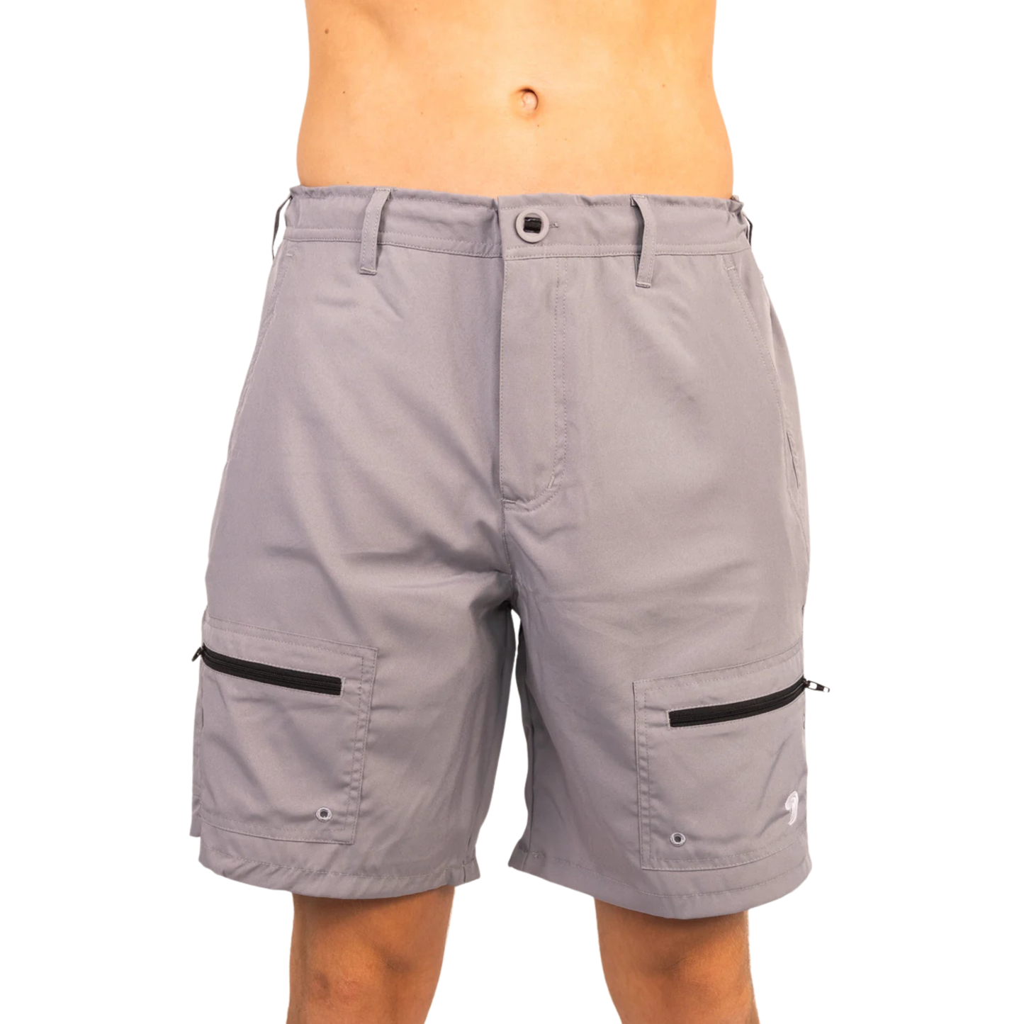 Light gray waterproof shorts, front view with centered button and two zip side pockets
