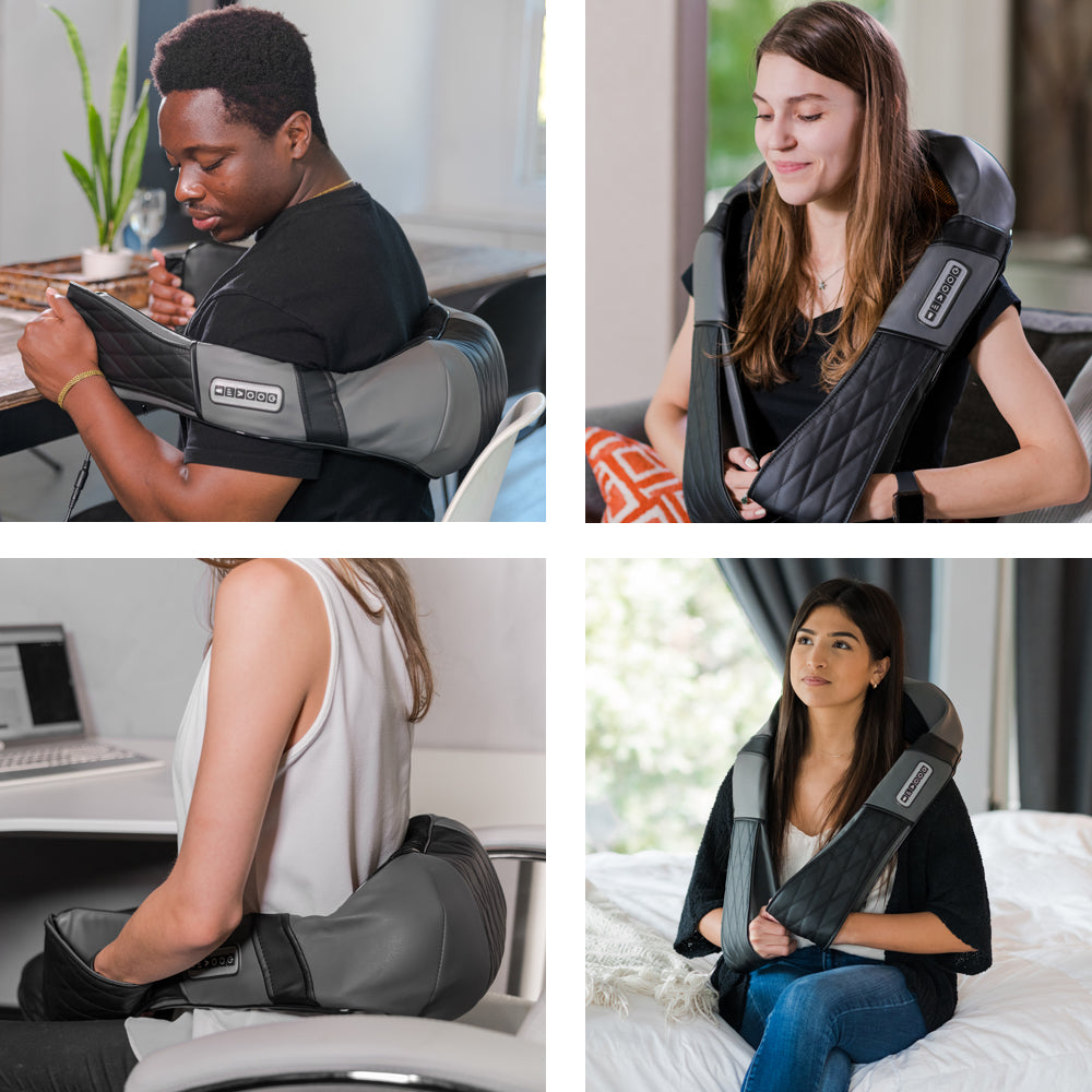 Shiatsu neck and back massager worn by people sitting on chairs and a sofa