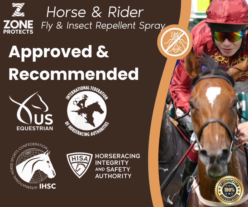 Fly and insect repellent spray approval graphic with horse and rider