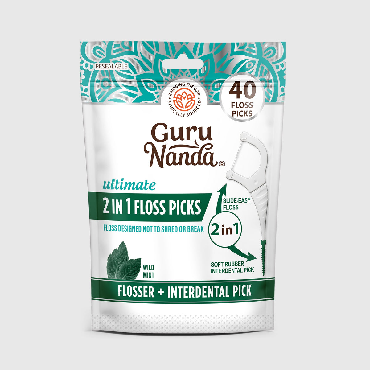2-in-1 dental floss picks, white pouch labeled Guru Nanda ultimate 40 count