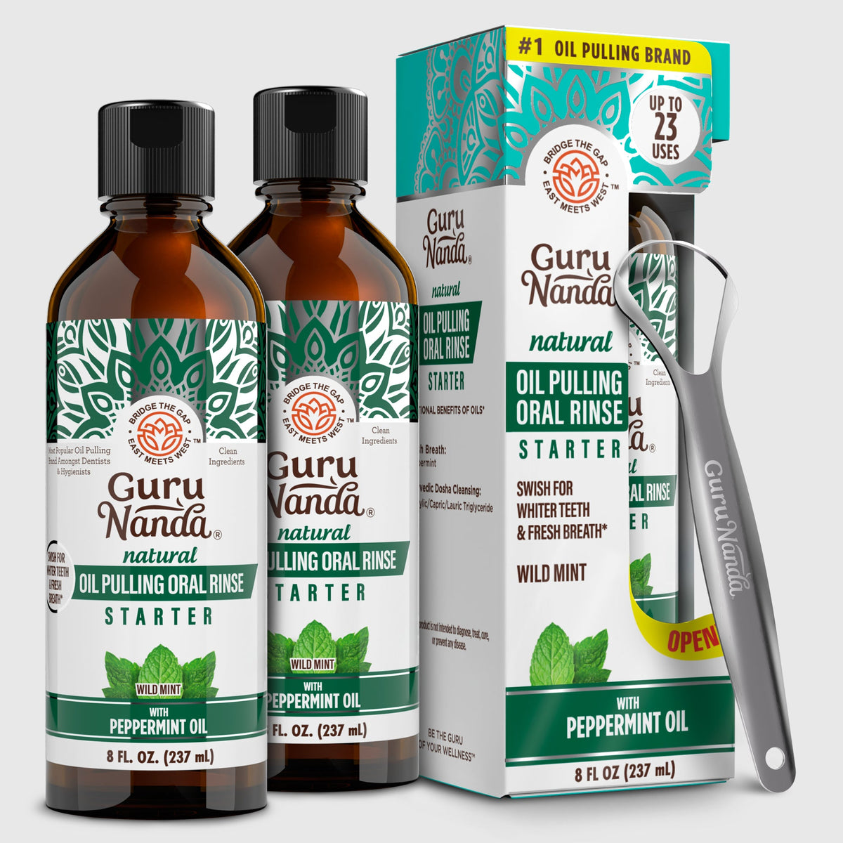Oil pulling starter kit with two peppermint oil rinse bottles and a starter box