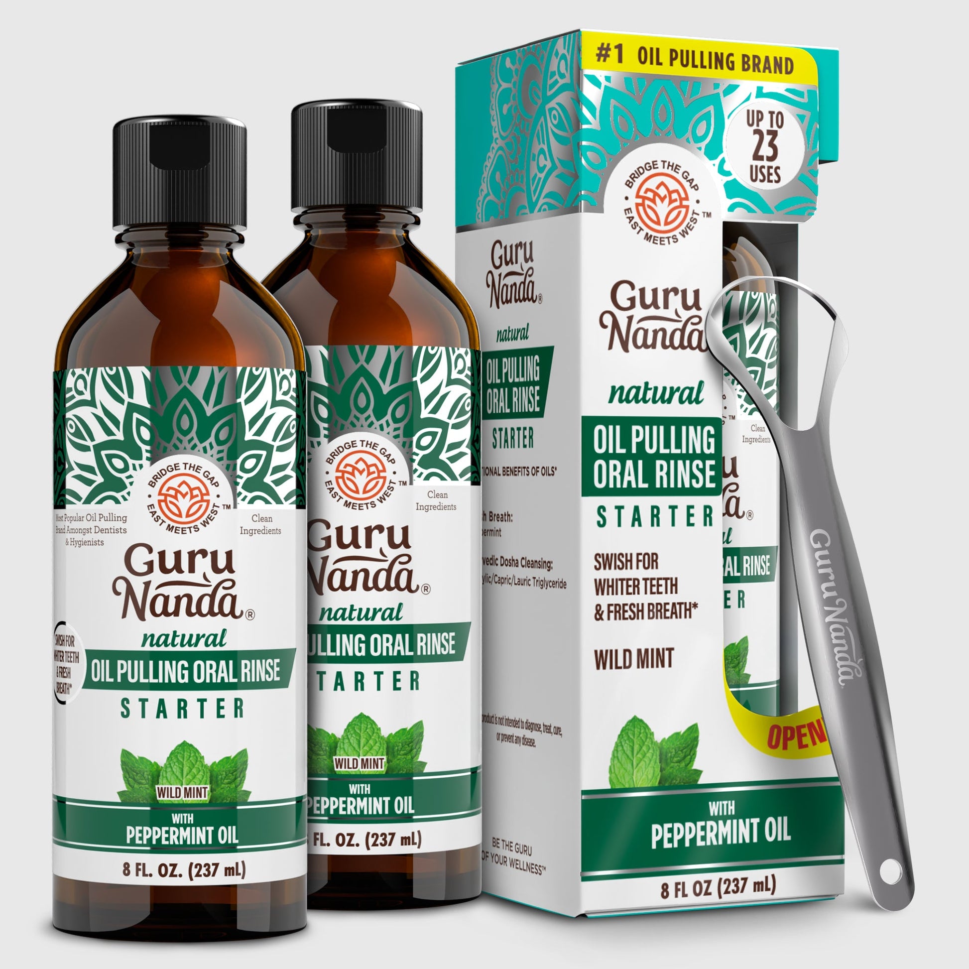 Oil pulling starter kit with two peppermint oil rinse bottles and a starter box