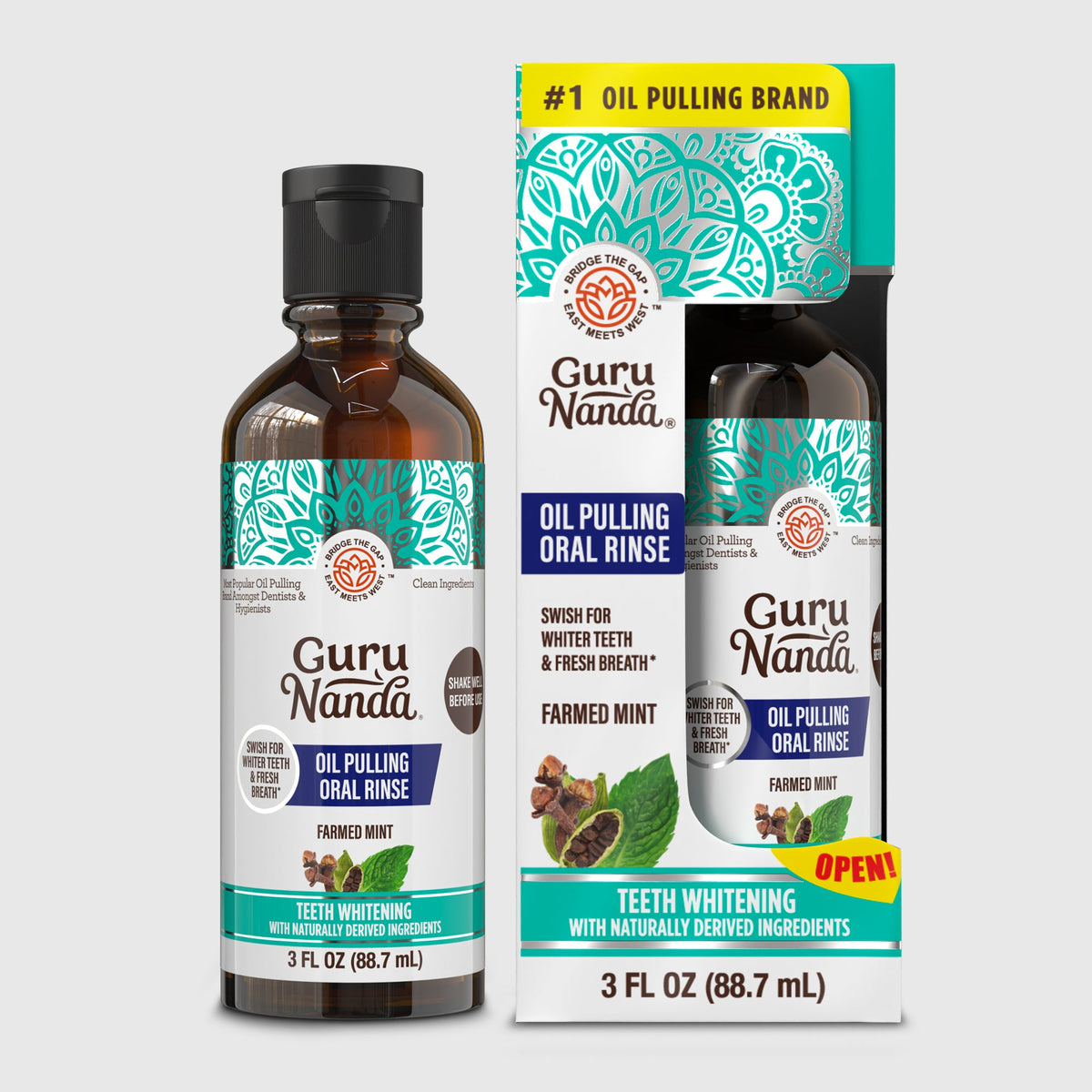 Oil pulling oral rinse bottle with retail box, farmed mint flavor packaging.