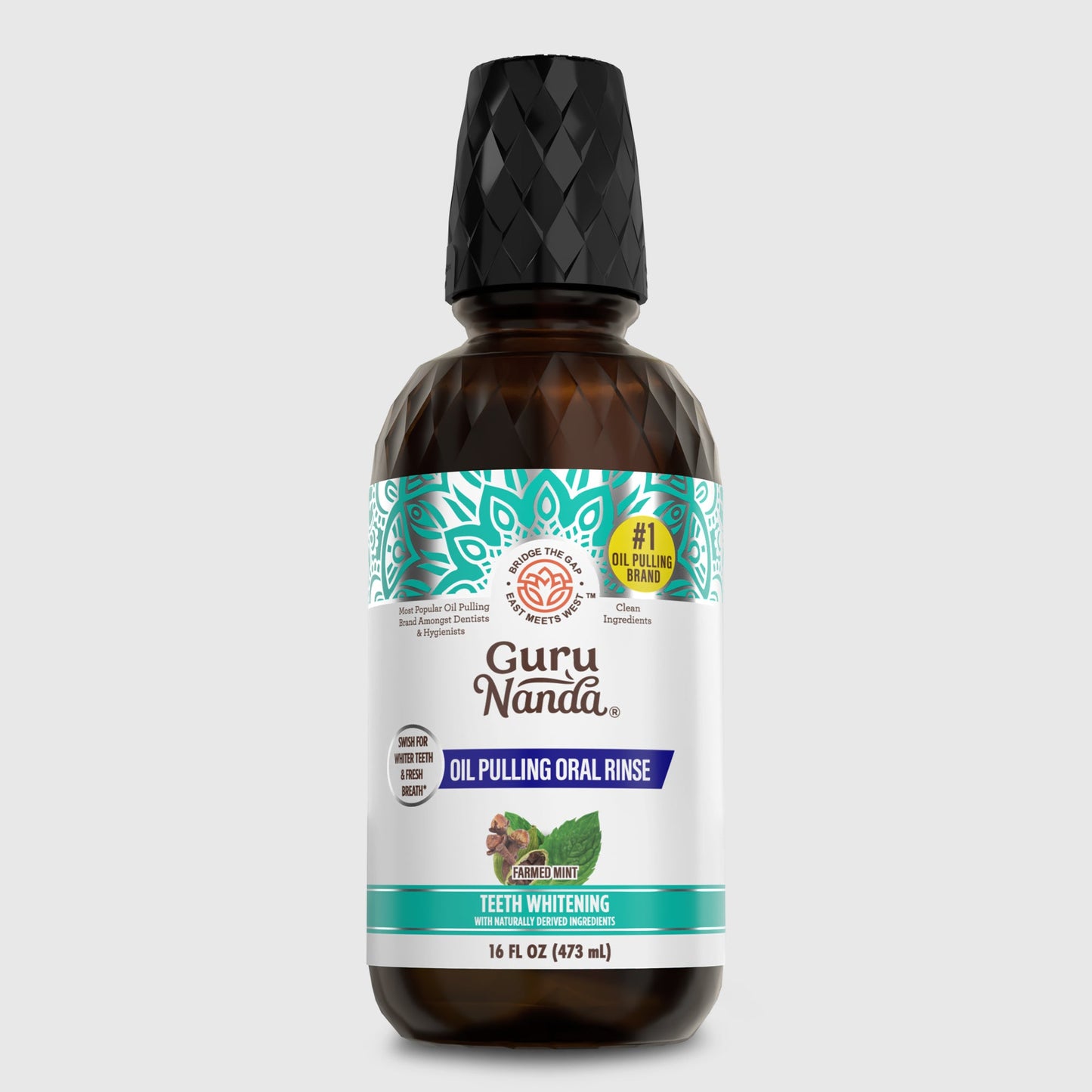 Oil pulling oral rinse bottle, black cap and farmed mint label, front view.