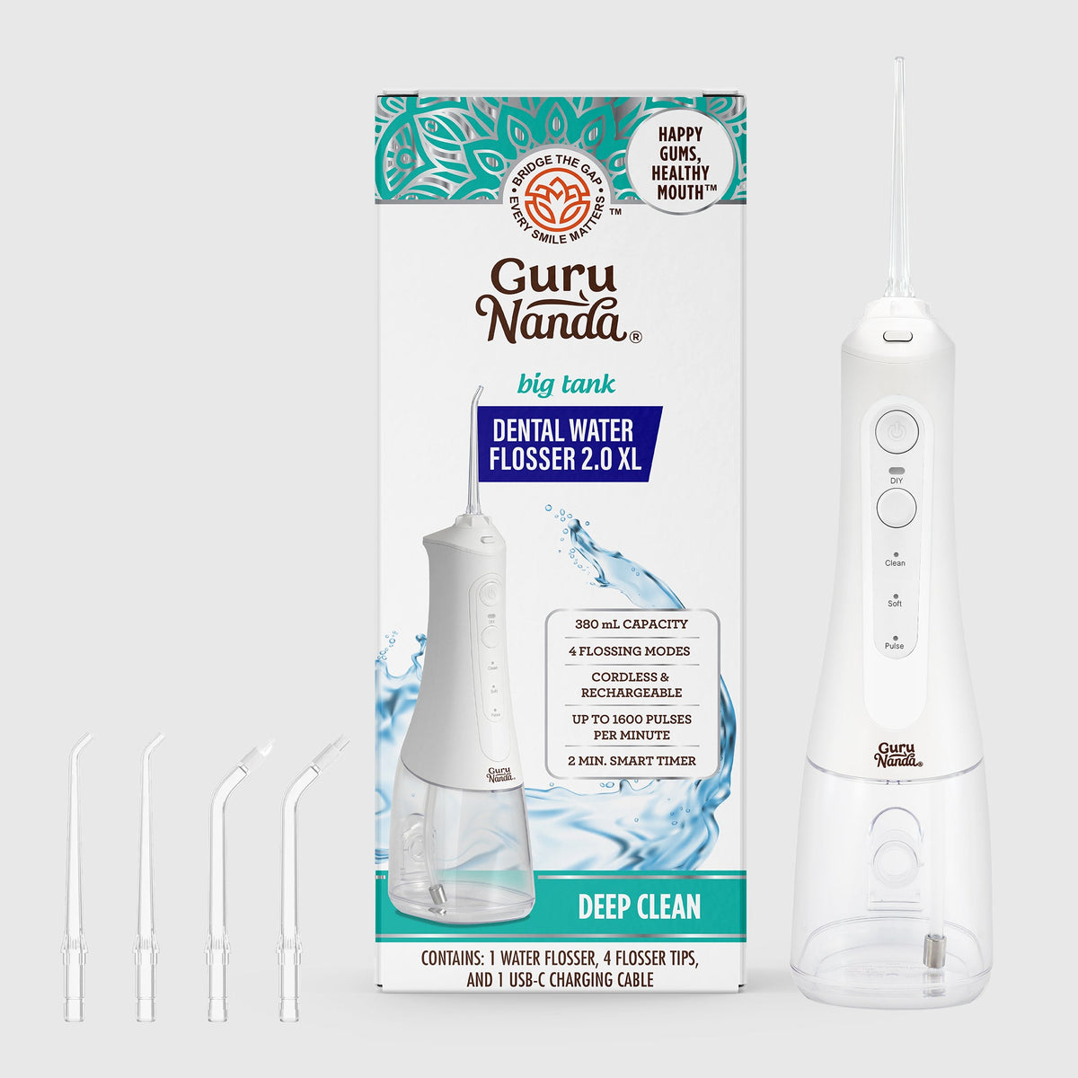 White Deep Clean dental water flosser with nozzle, base tank, and included tip tools