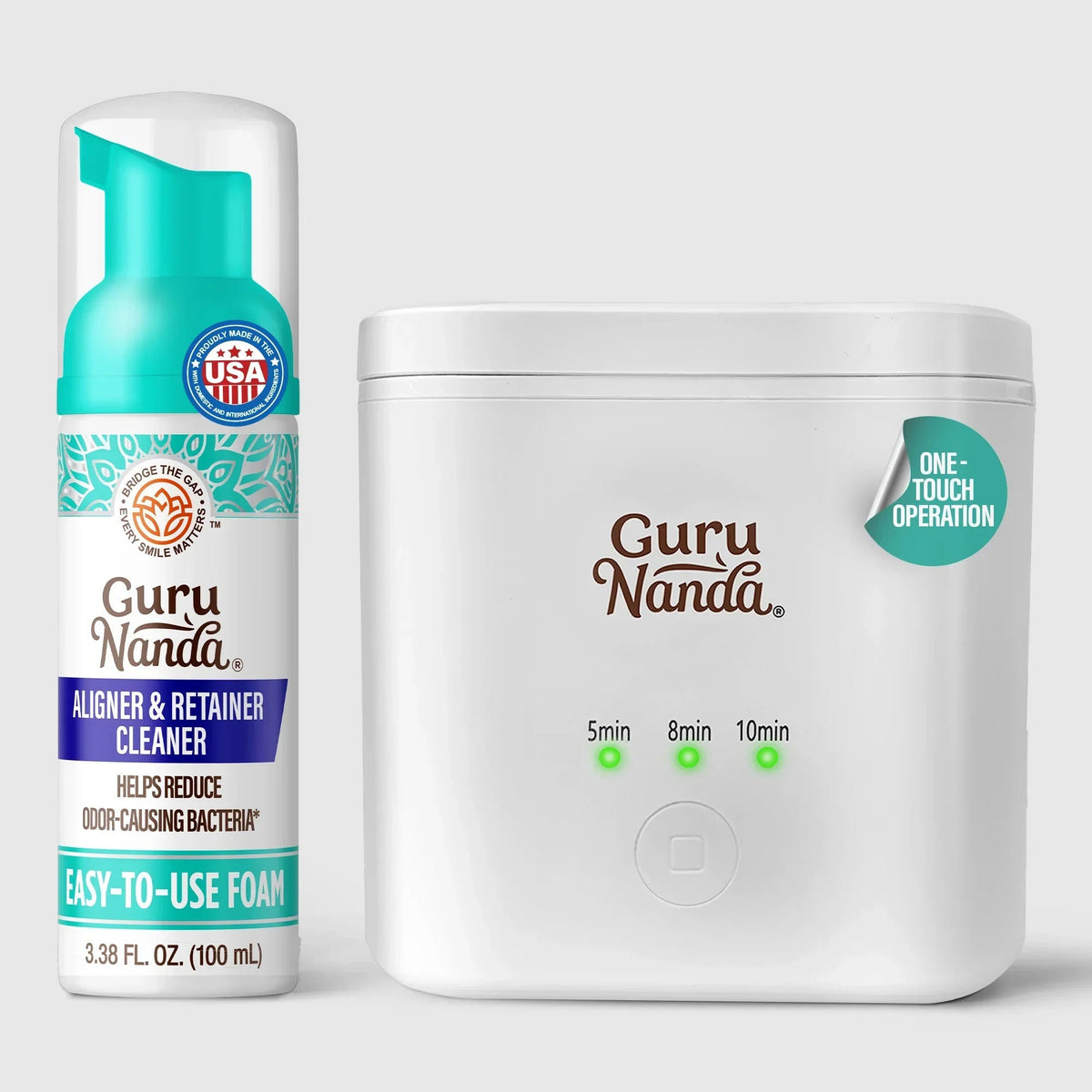 Guru Nanda foam cleaner bottle with teal pump and white cleaning pod container