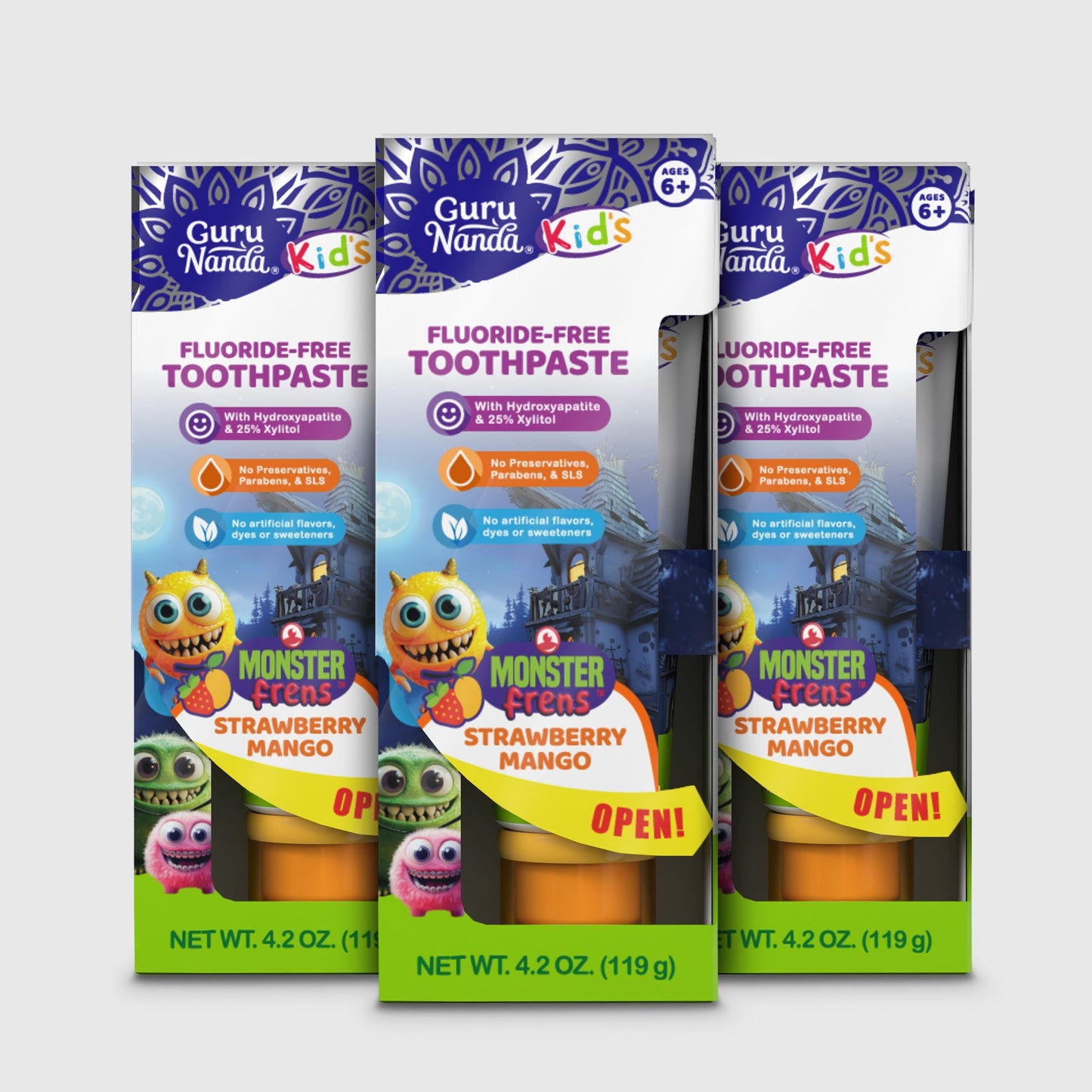 Kids fluoride-free toothpaste tubes, Monster Friends strawberry mango flavor, 3-pack