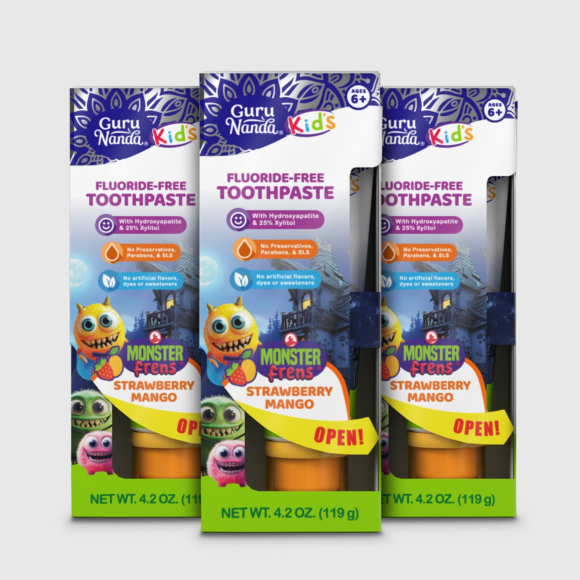 Kids fluoride-free toothpaste tubes, Monster Friends strawberry mango flavor, 3-pack