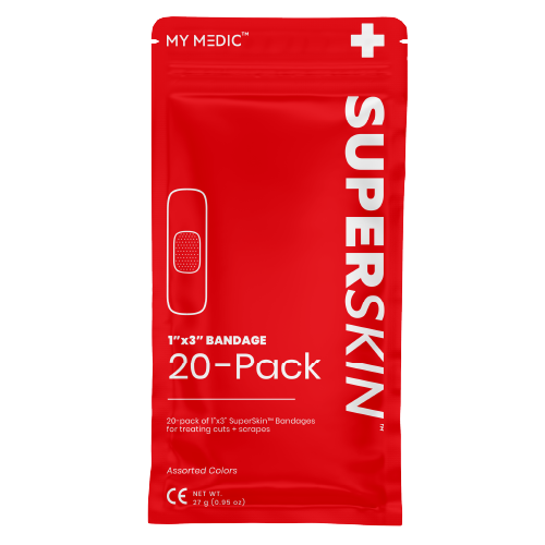 Red packaging of MY MEDIC SuperSkin bandages on a white background