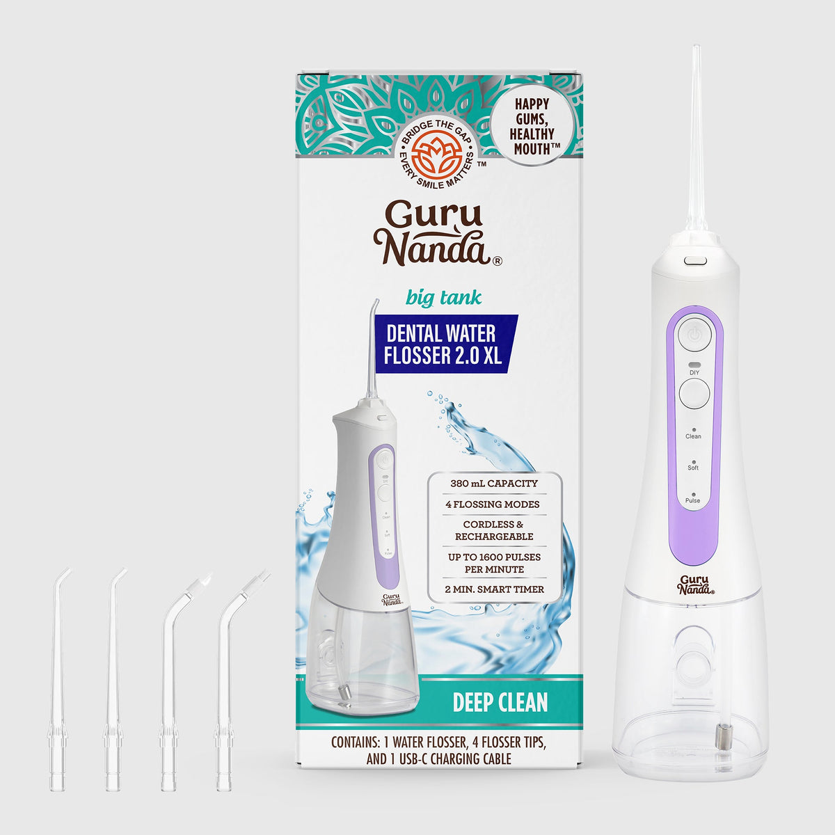 White and lavender dental water flosser with tank and several replacement tips