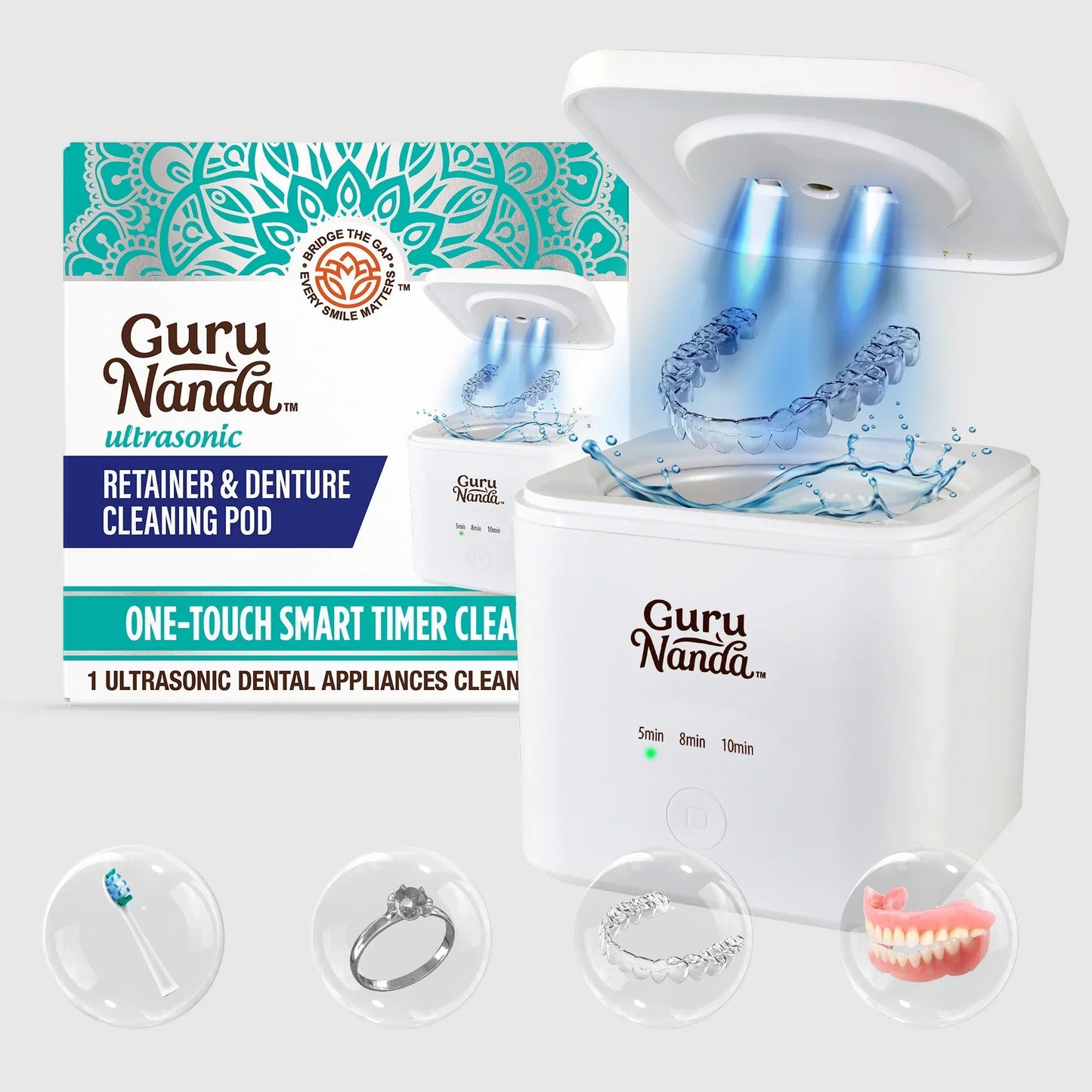 Ultrasonic denture cleaning pod with open lid and bubbling cleaning chamber, white body.