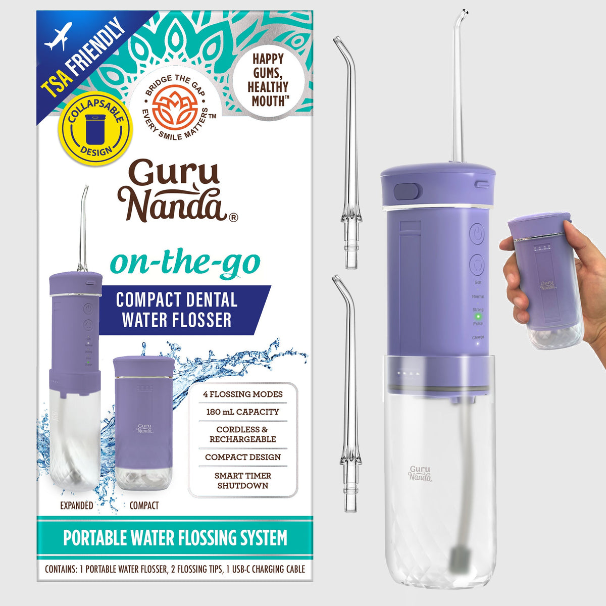 Lavender compact dental water flosser with slim nozzle and detachable water tank