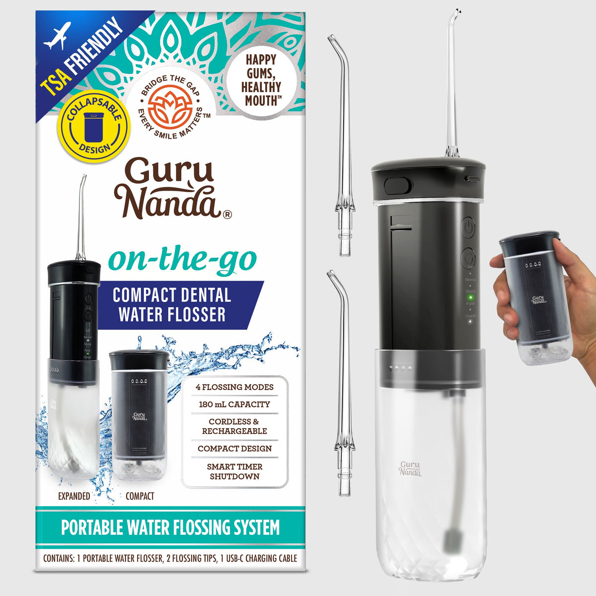 Black compact dental water flosser with slim handle, built-in water tank, and tip
