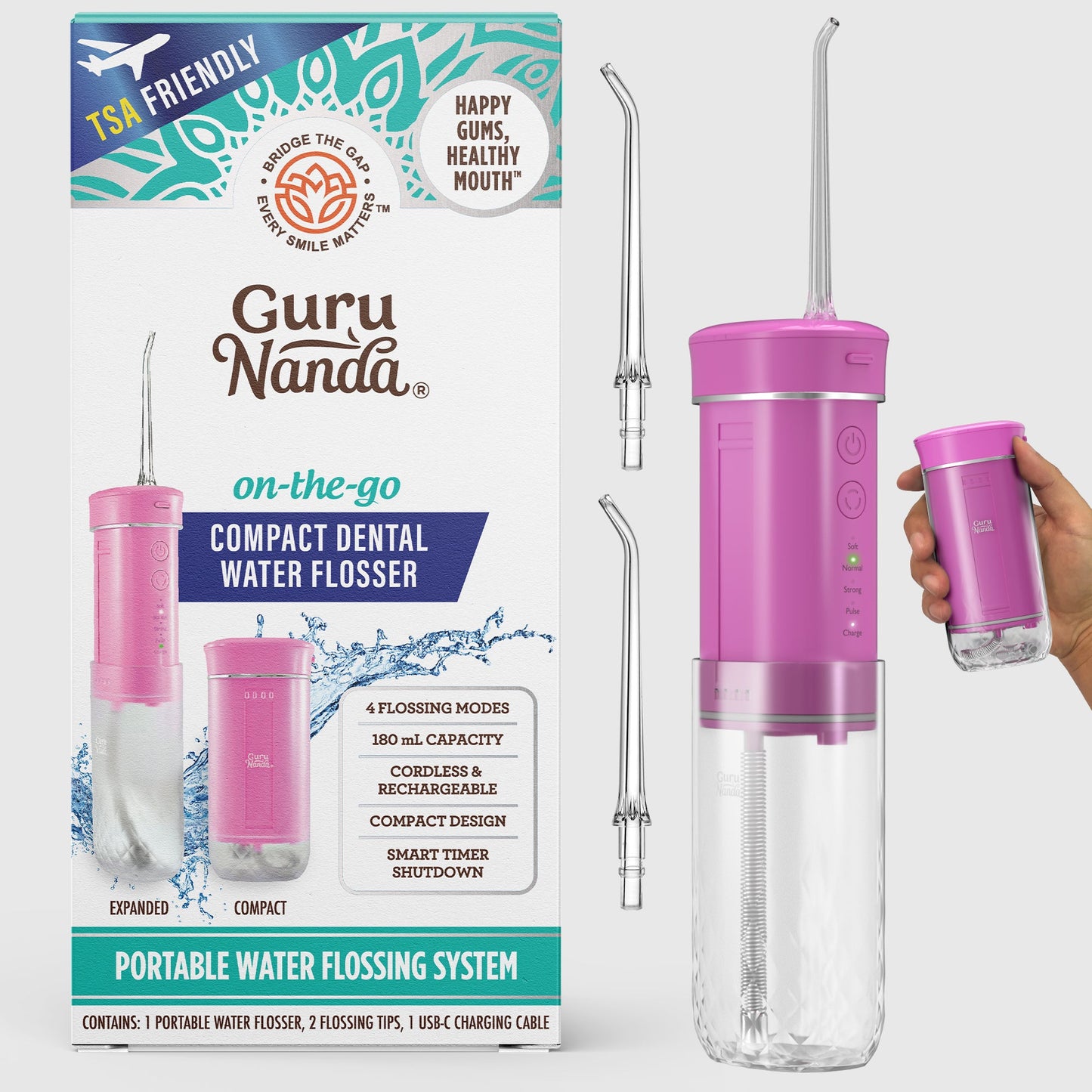 Pink compact dental water flosser with extended nozzle and product box