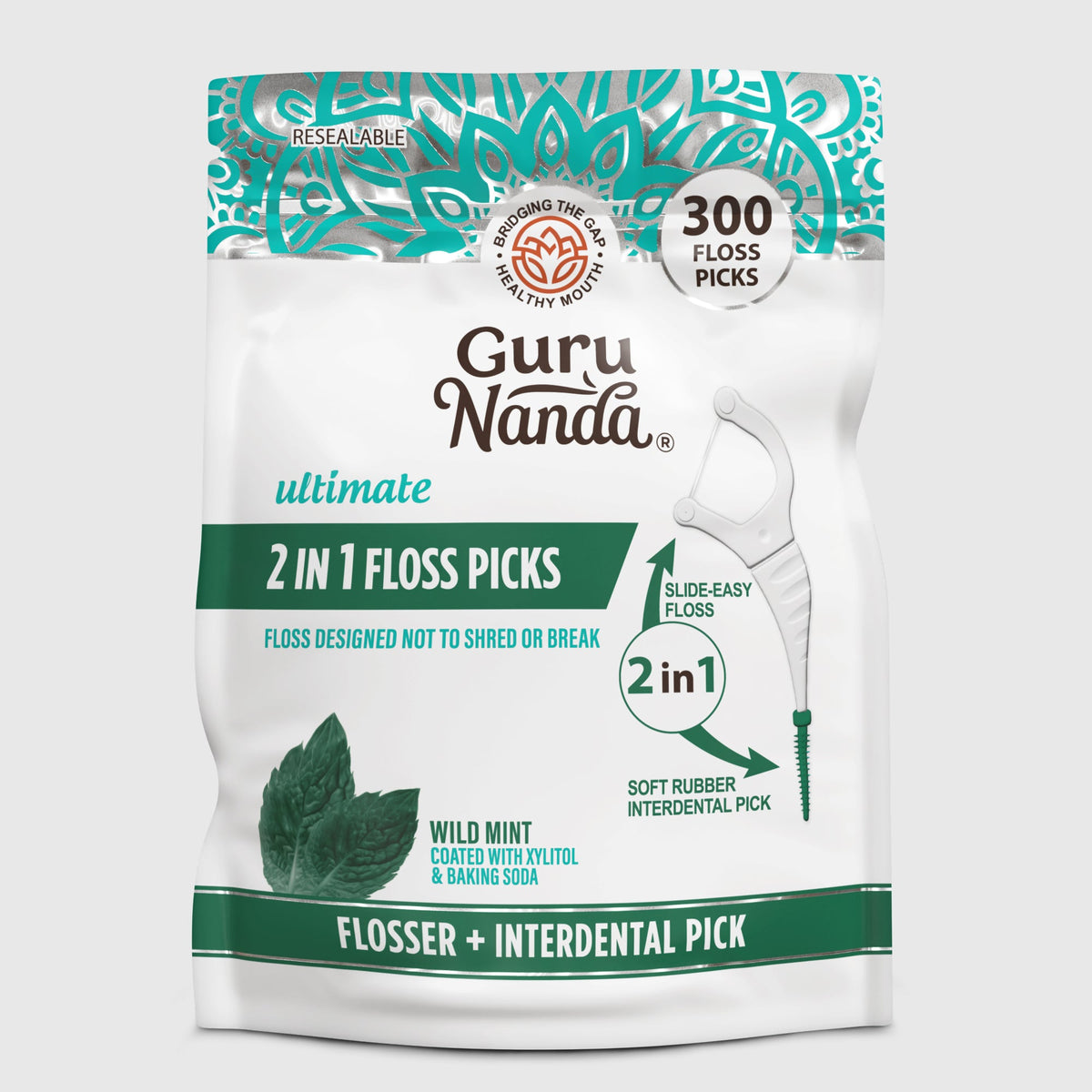 Guru Nanda ultimate 2-in-1 dental floss picks bag, resealable, wild mint flavor