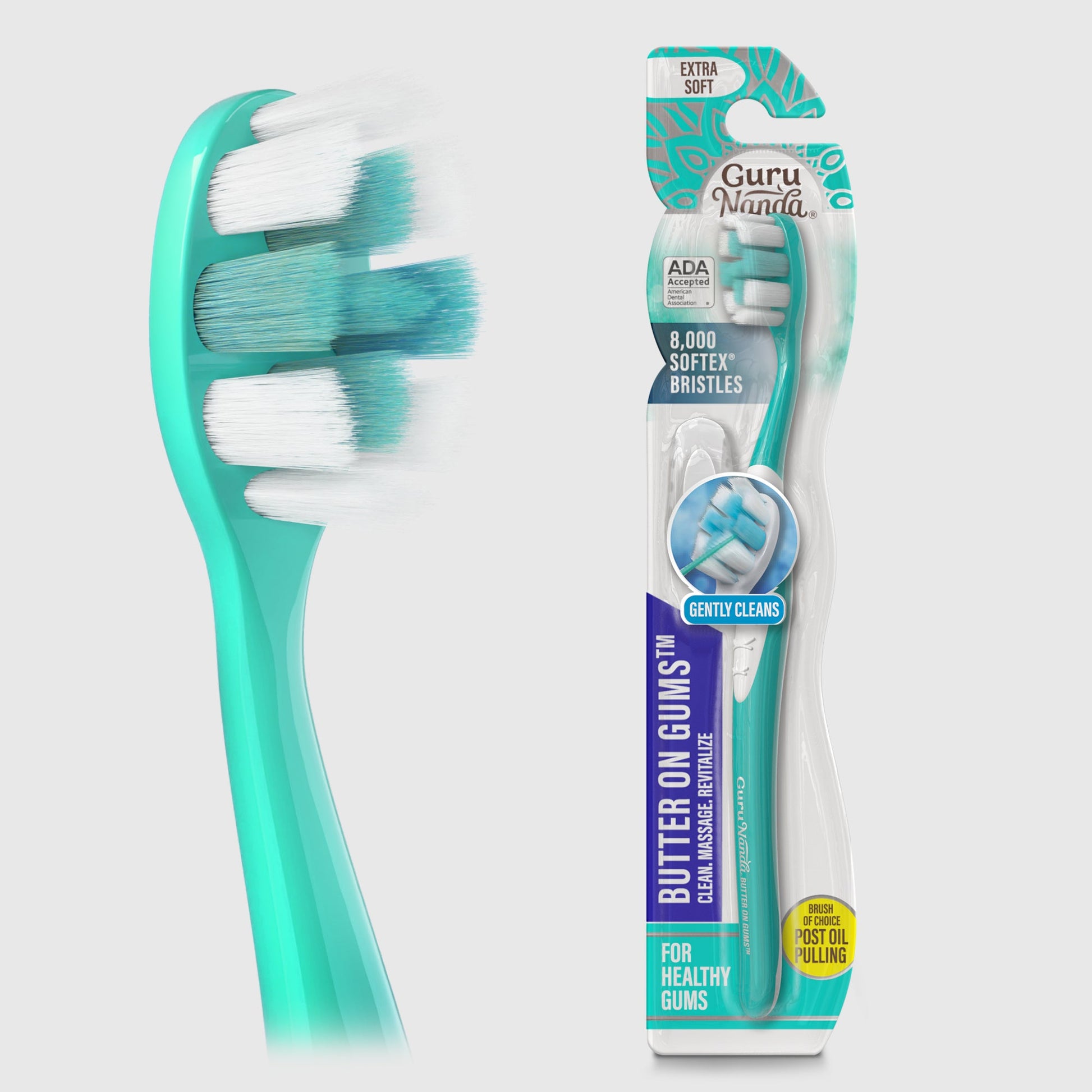 Teal toothbrush with white bristles shown next to retail packaging