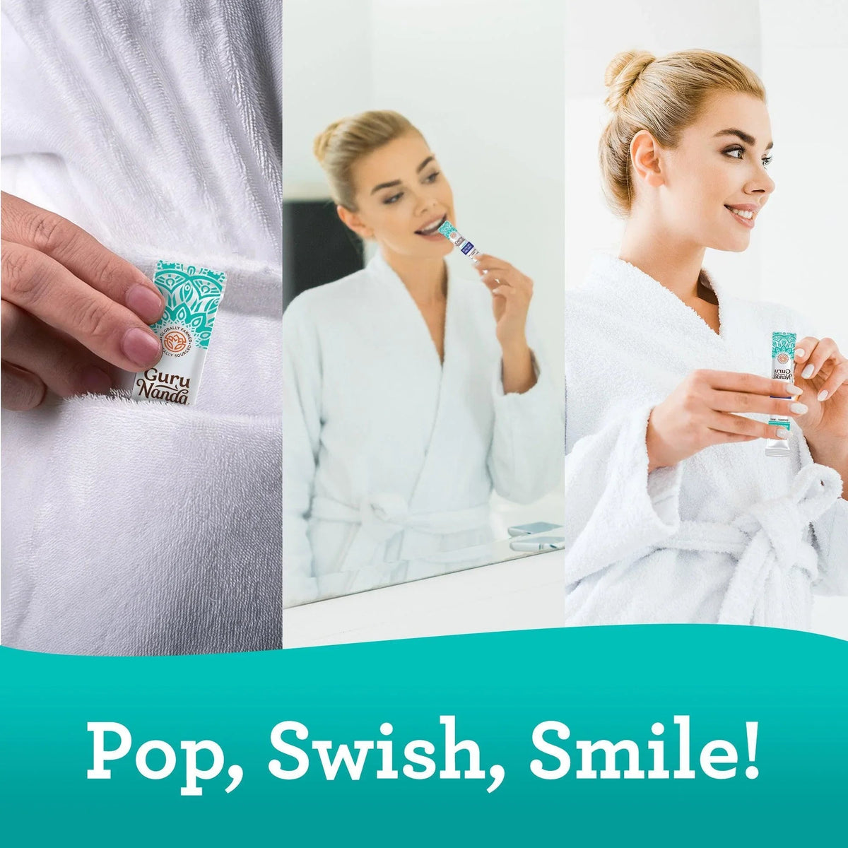 Oil pulling oral rinse sachet used in a bathroom routine, held near the mouth