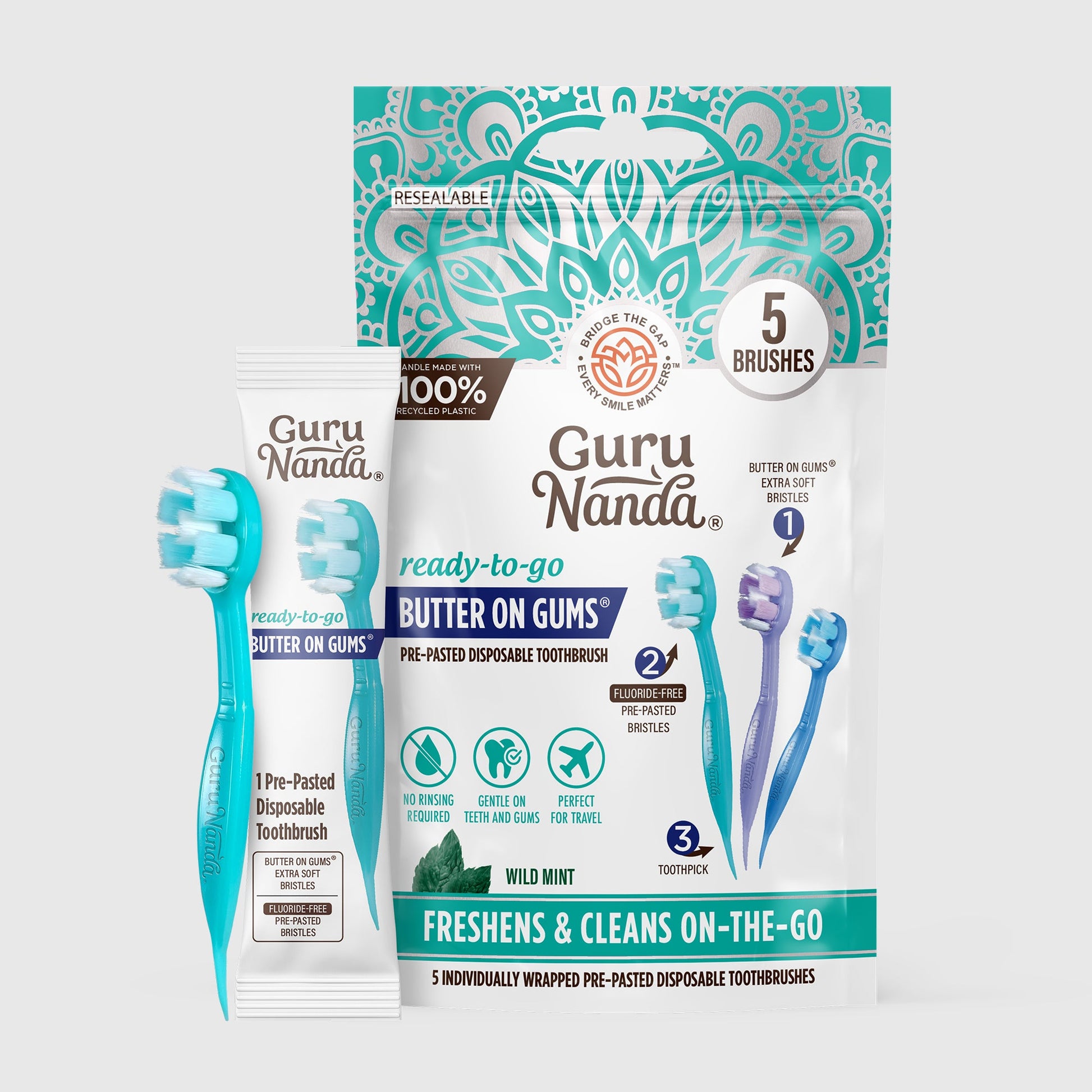 Guru Nanda pre-pasted disposable toothbrush set with wild mint flavor, 5 individually wrapped