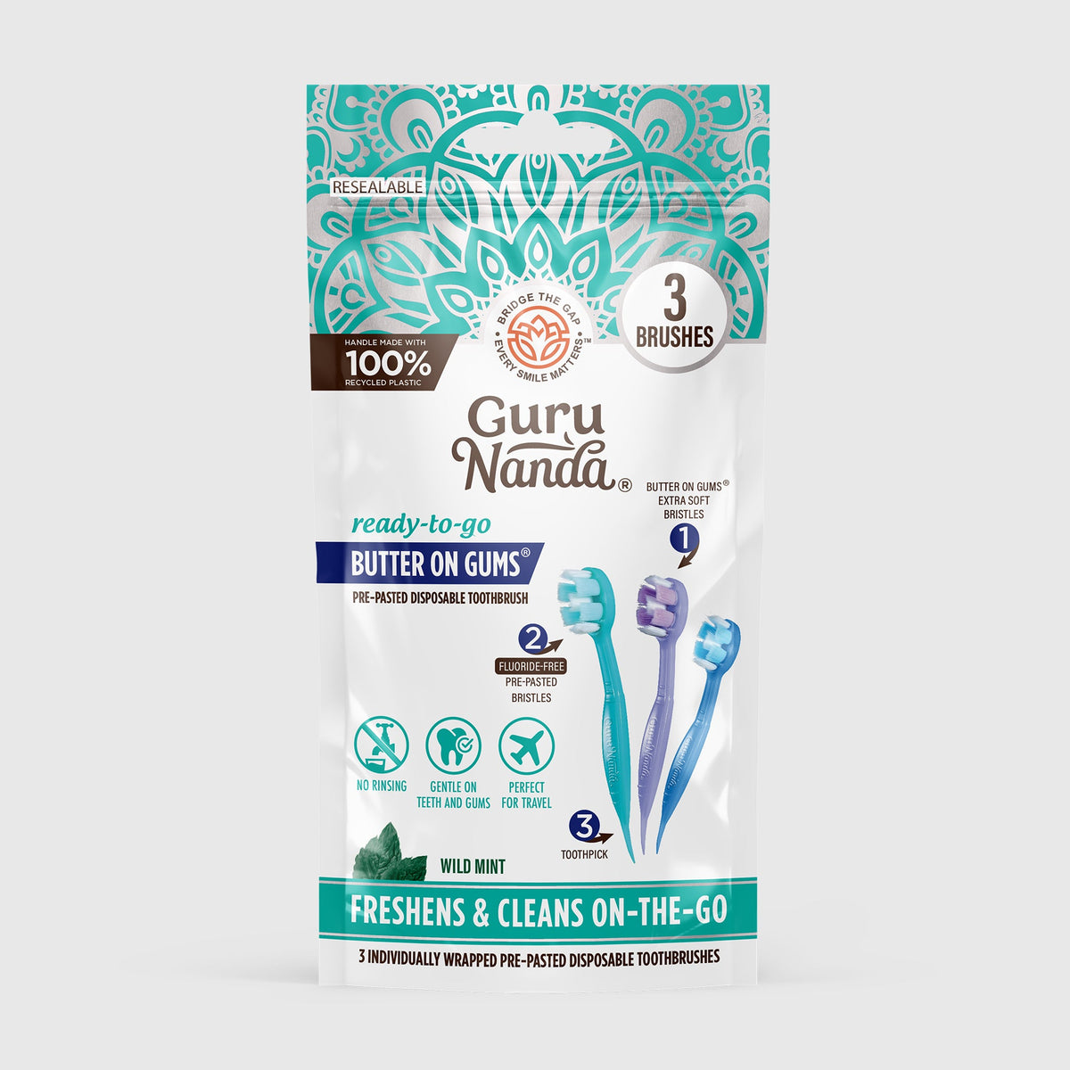Pack of three individually wrapped pre-pasted disposable toothbrushes