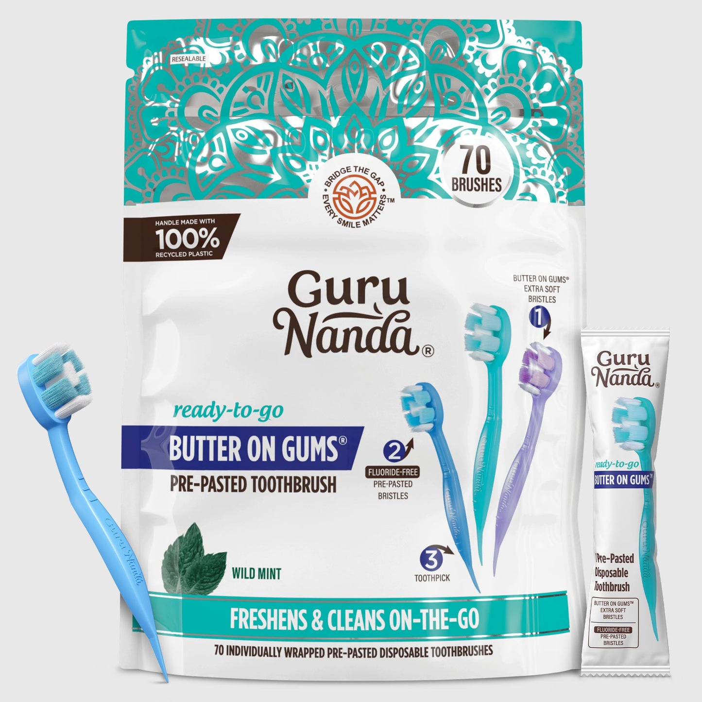 Guru Nanda butter on gums pre-pasted disposable toothbrush set, wild mint, 5-pack