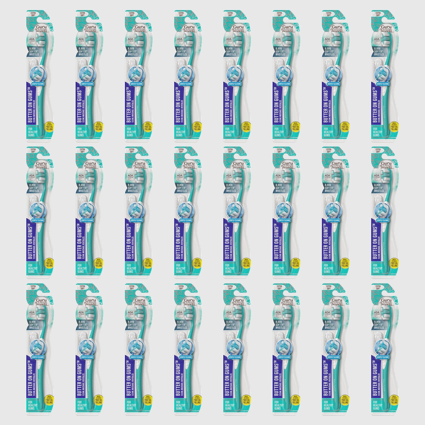 Multiple packaged toothbrushes in matching teal-and-blue blister packs