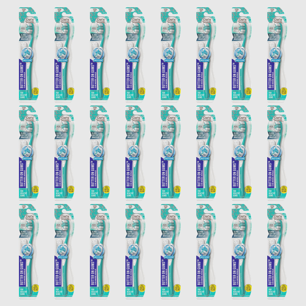 Multiple packaged toothbrushes in matching teal-and-blue blister packs
