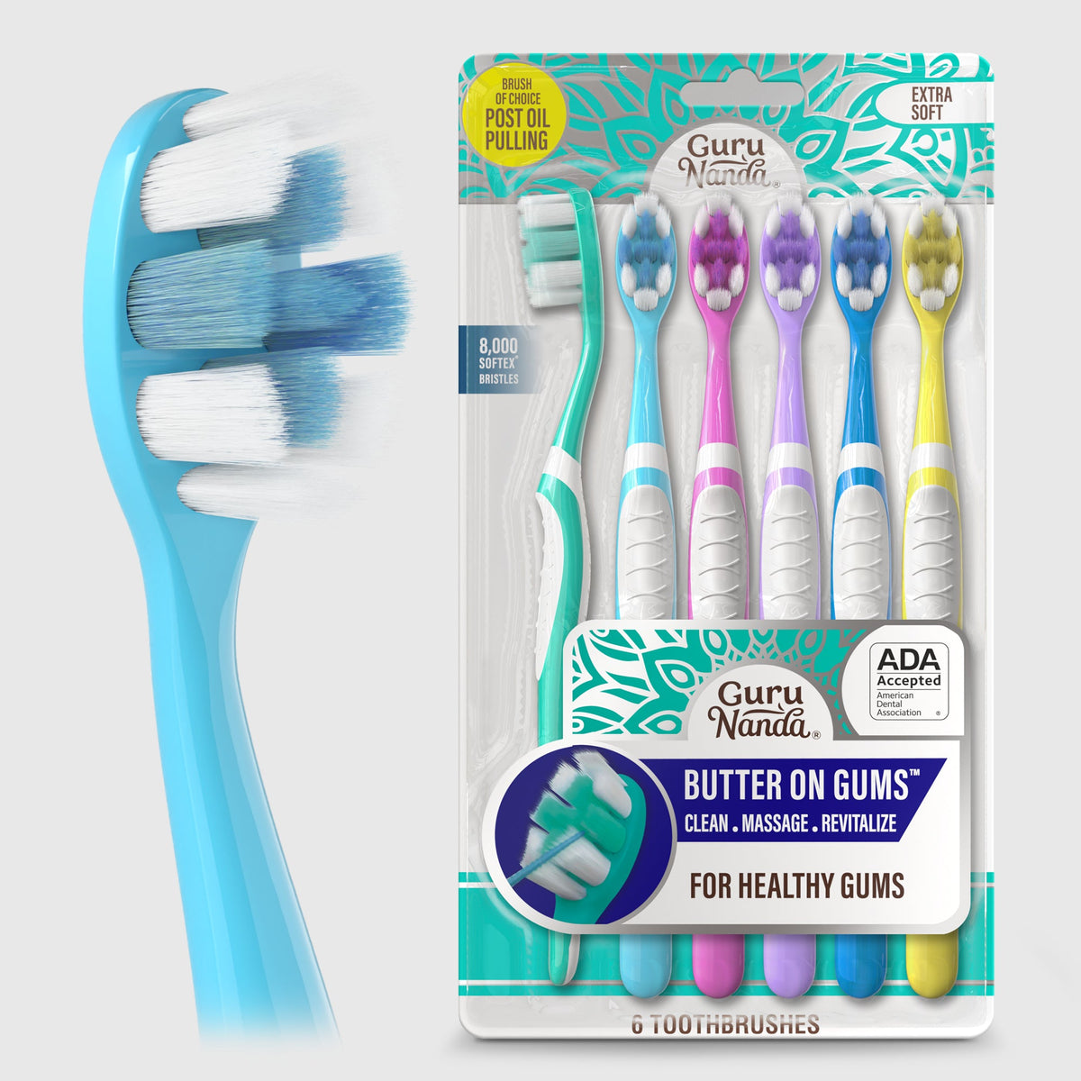 Blue Butter on Gums toothbrush with soft bristles and multi-pack retail box