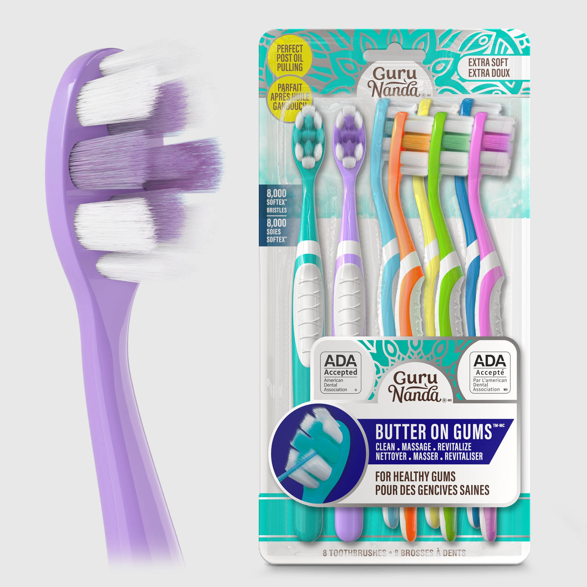 Purple Butter on Gums toothbrush with soft bristles, shown with multi-pack retail box