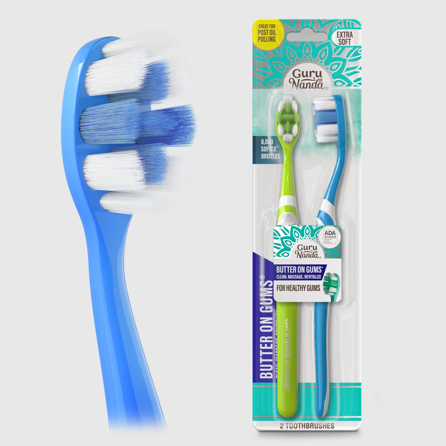 Butter on Gums toothbrush set with blue handle and green-bristle head, retail package