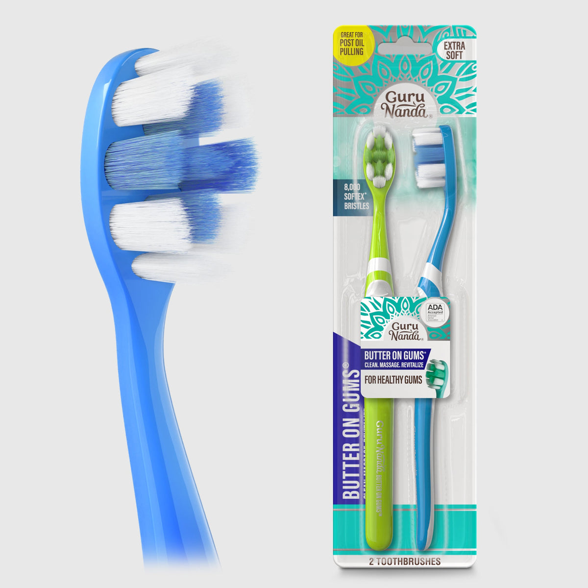 Butter on Gums toothbrush set with blue handle and green-bristle head, retail package