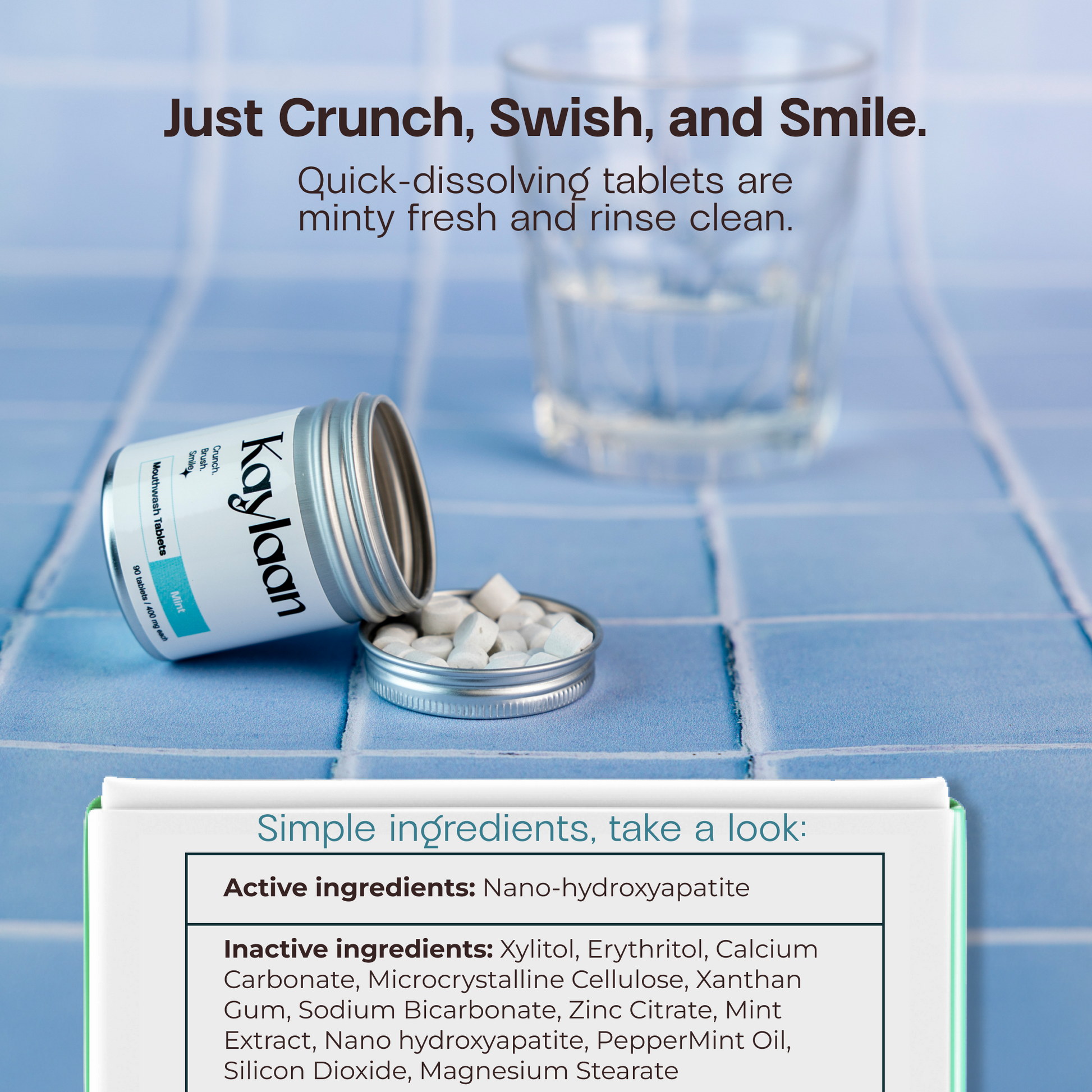 Mouthwash tablets jar with open lid, white tablets, and a glass