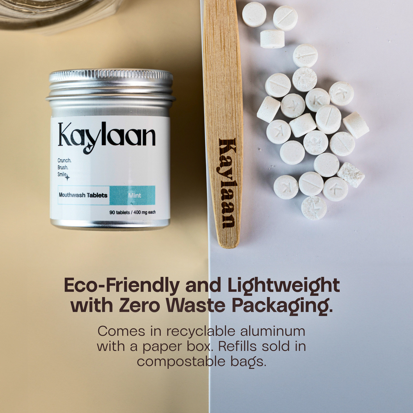 Mouthwash tablets jar with white tablets scattered and wooden scoop