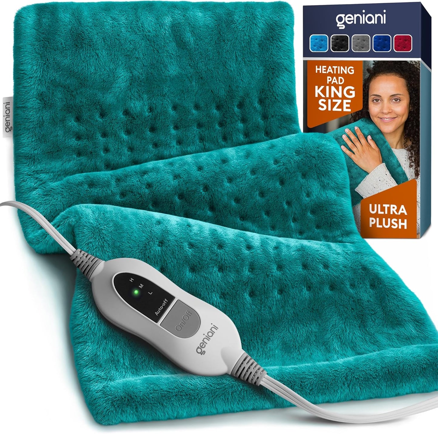 Teal XL heating pad with plush dotted texture and attached power controller