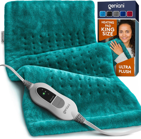 Teal XL heating pad with plush dotted texture and attached power controller