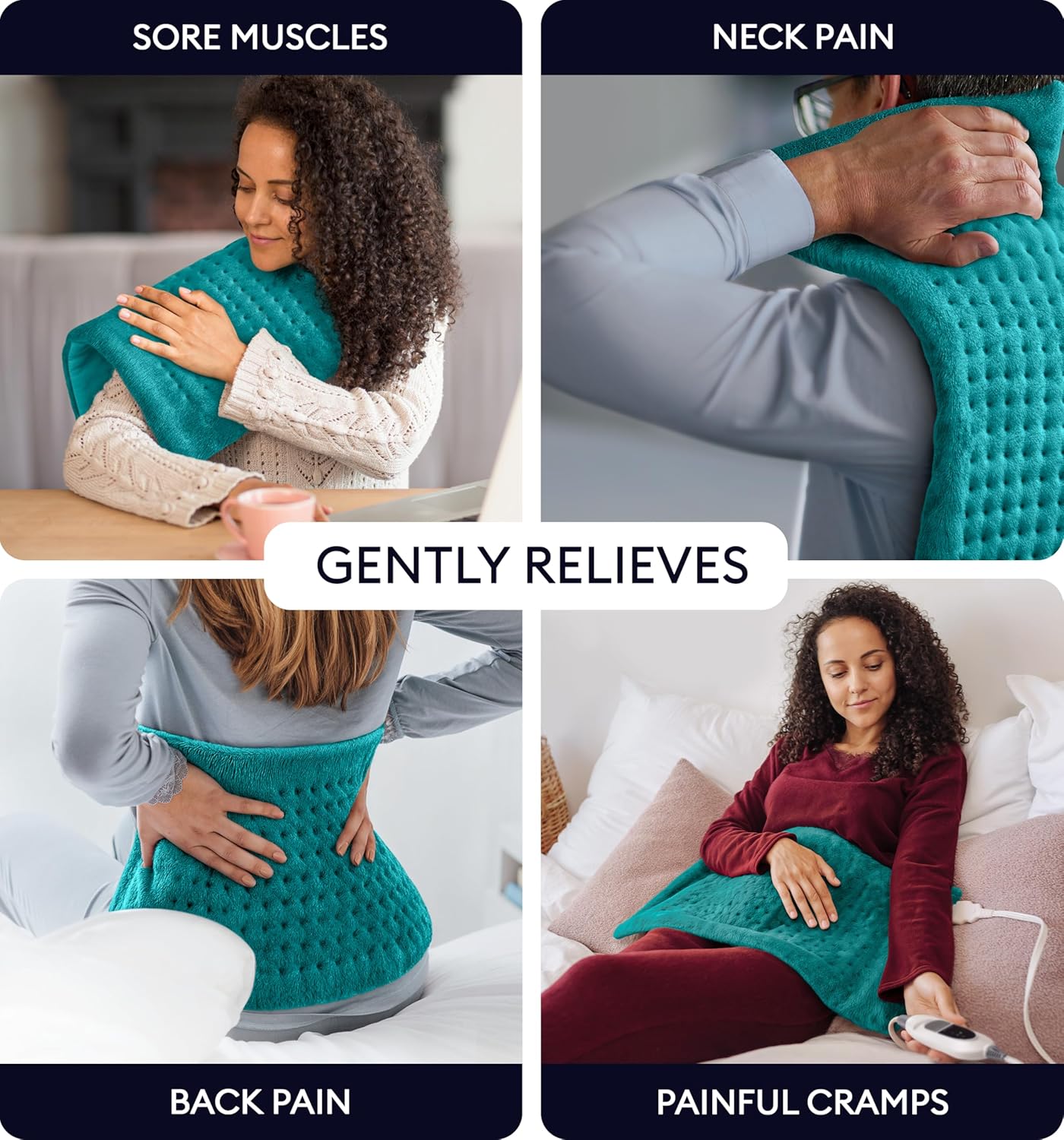 Teal plush heating pad draped on a person’s shoulders and neck