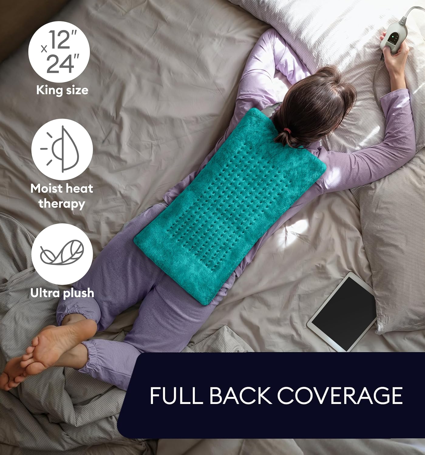 Teal king-size plush heating pad along a bed for full back coverage