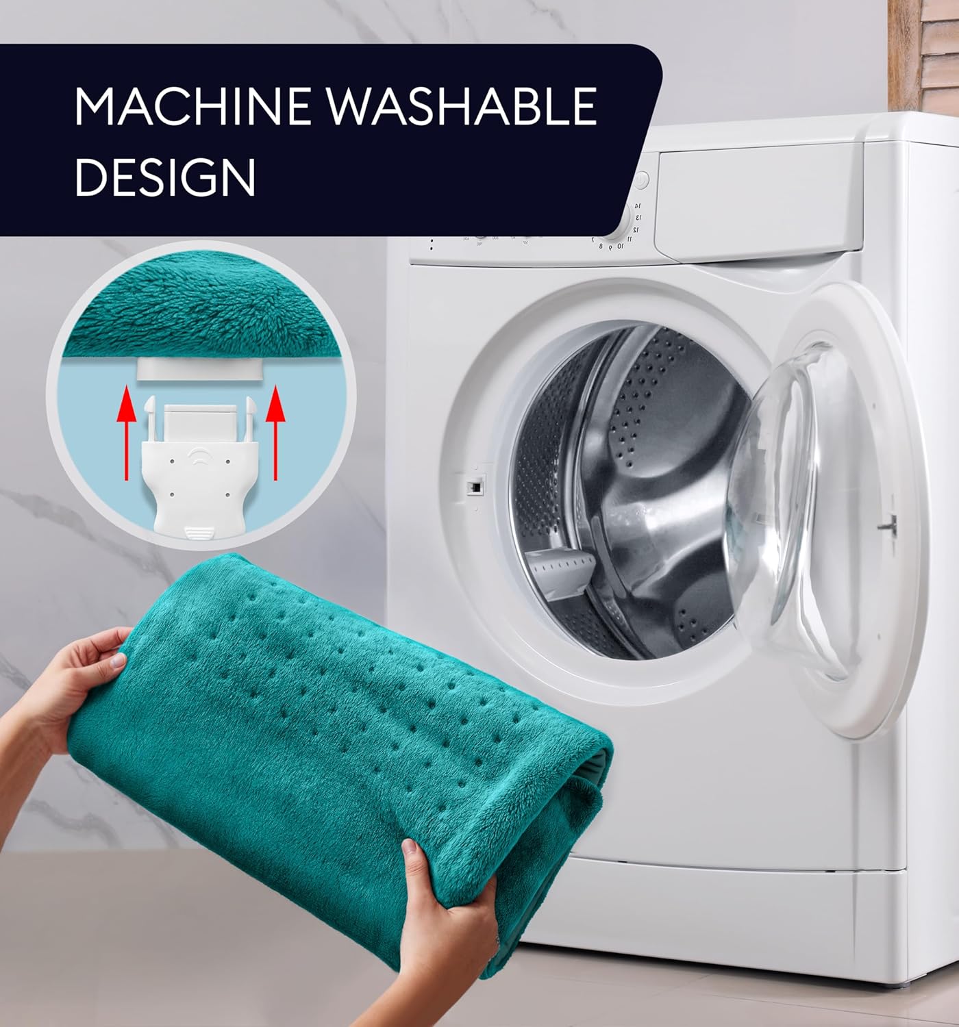 Teal plush heating pad folded, showing machine-washable design