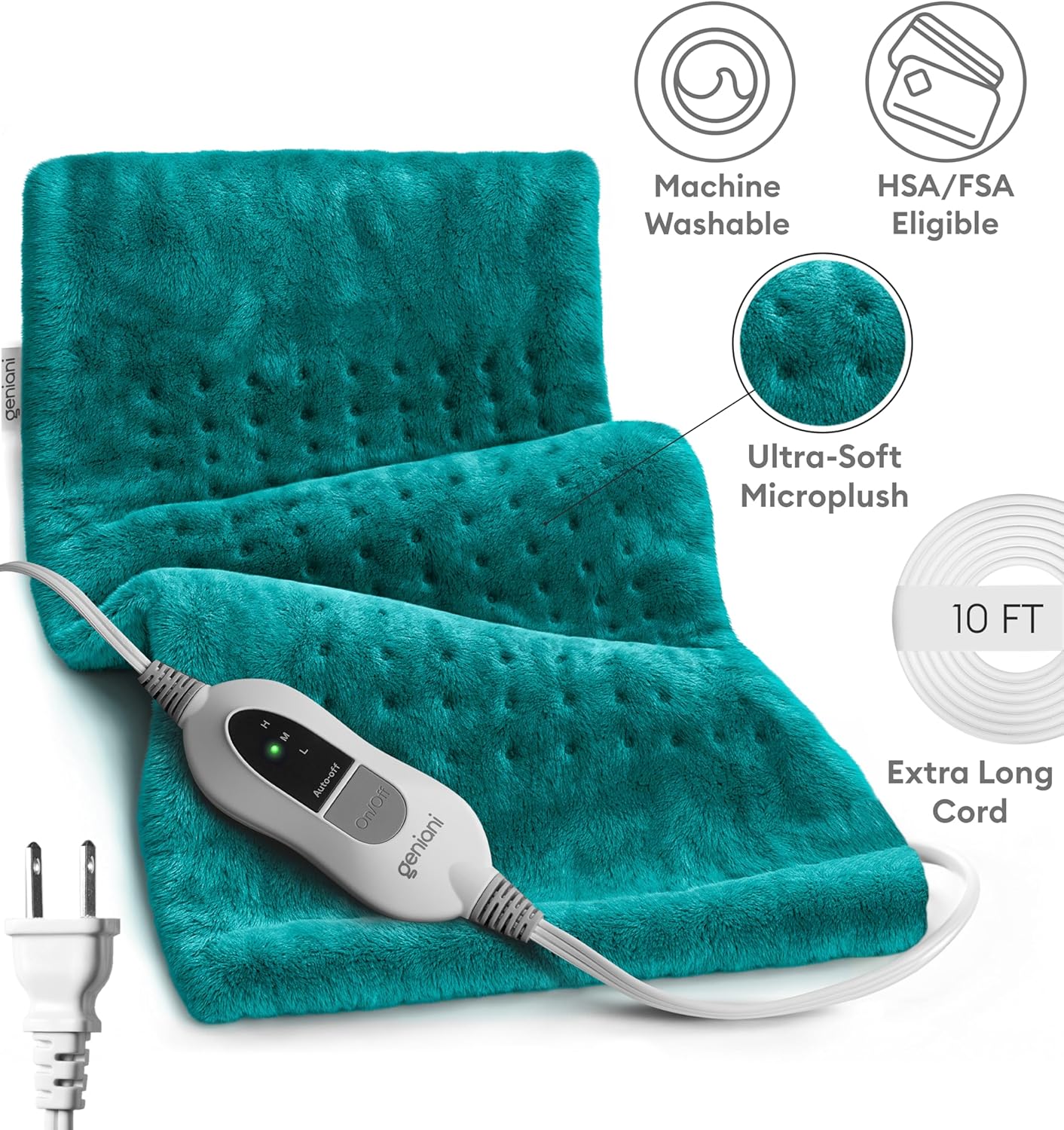 Teal plush heating pad with extra-long white cord and inline controller